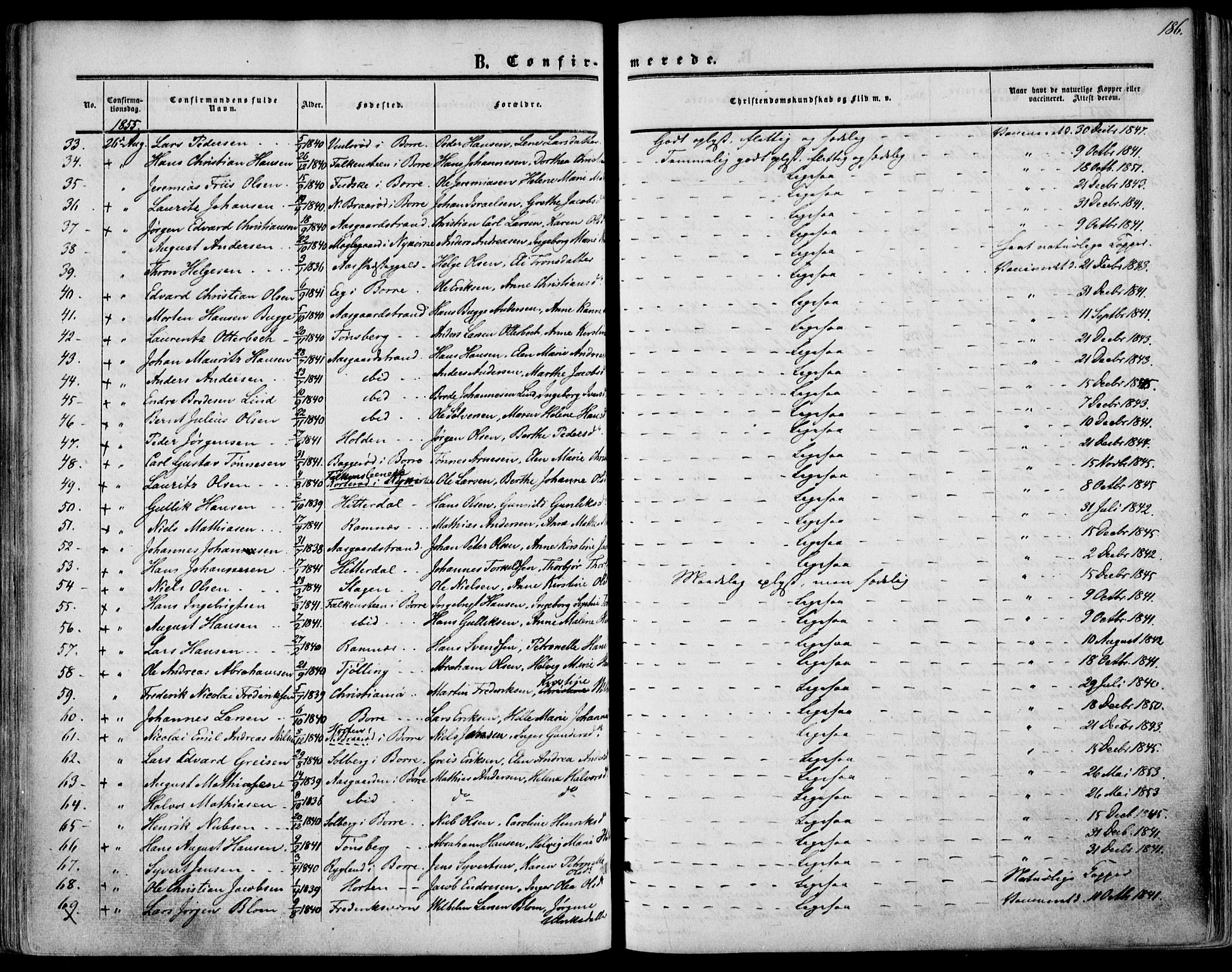 Borre kirkebøker, SAKO/A-338/F/Fa/L0006: Parish register (official) no. I 6, 1852-1862, p. 186