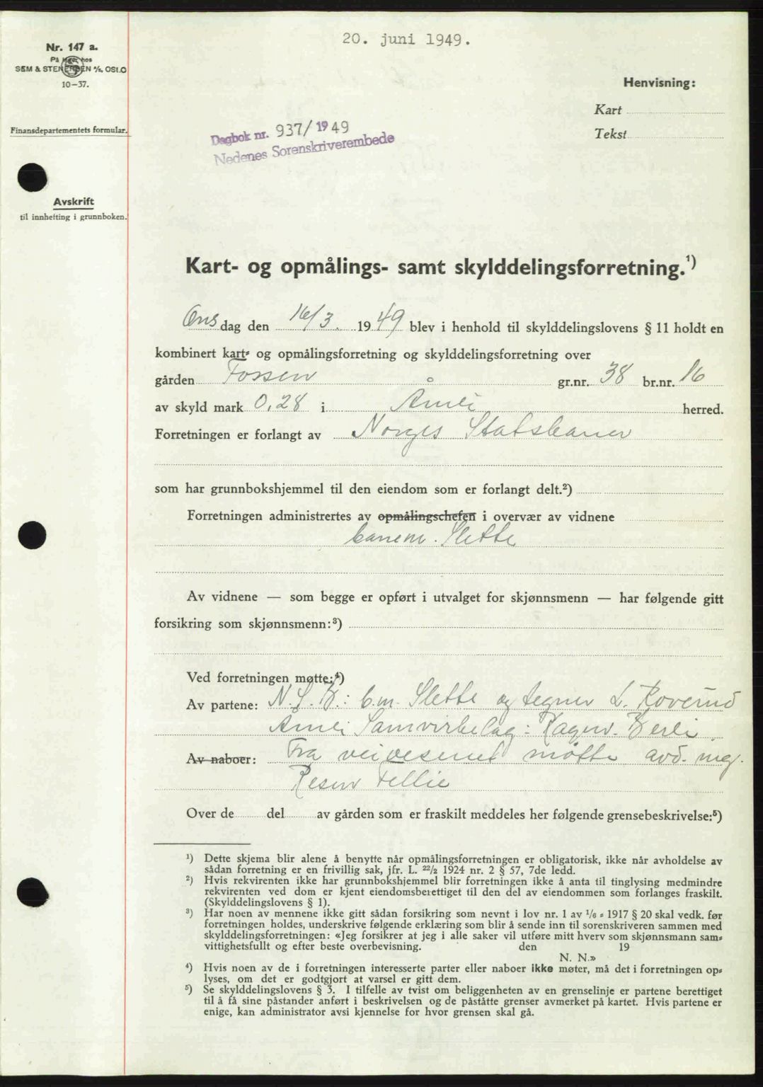 Nedenes sorenskriveri, SAK/1221-0006/G/Gb/Gba/L0060: Mortgage book no. A12, 1948-1949, Diary no: : 937/1949