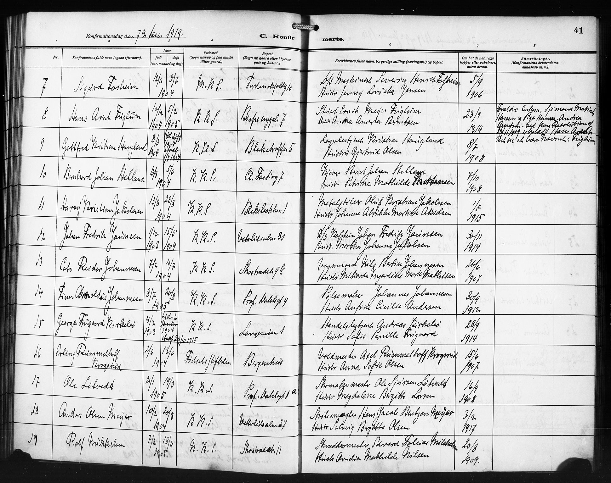 Korskirken sokneprestembete, AV/SAB-A-76101/H/Haa/L0072: Curate's parish register no. A 7, 1913-1920, p. 41