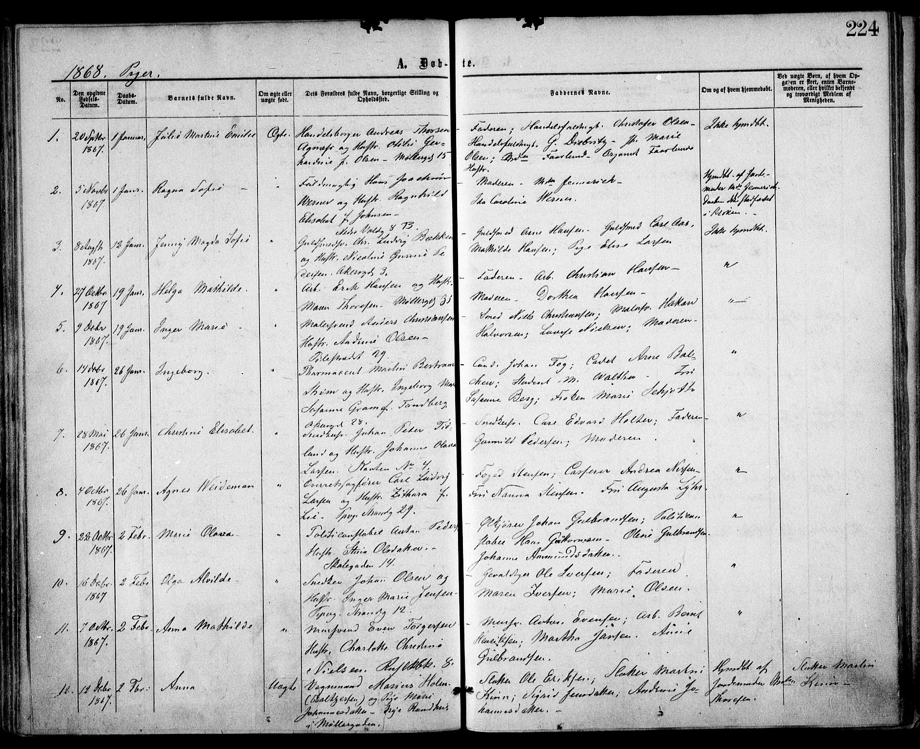 Trefoldighet prestekontor Kirkebøker, SAO/A-10882/F/Fa/L0002: Parish register (official) no. I 2, 1863-1870, p. 224
