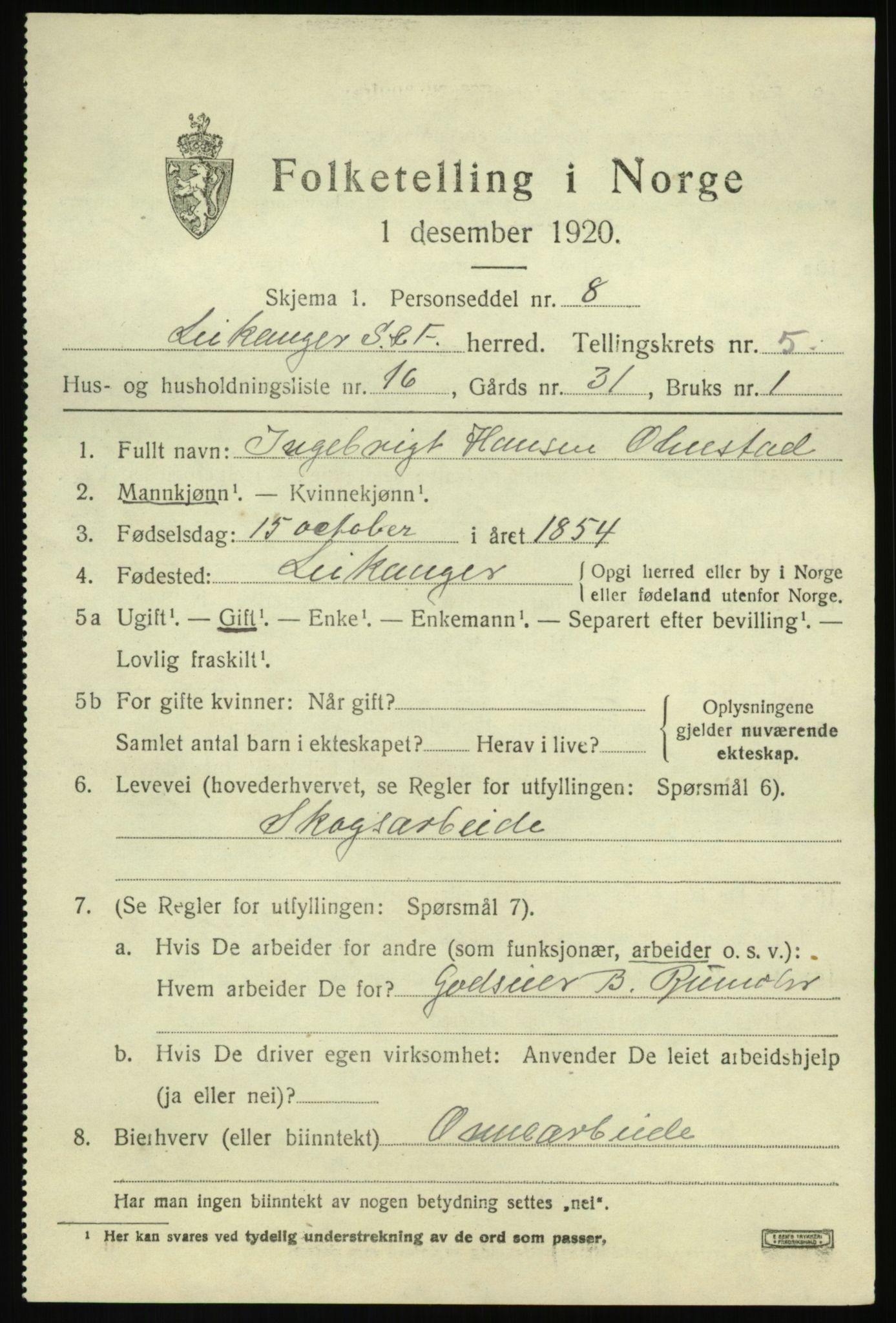 SAB, 1920 census for Leikanger, 1920, p. 3790