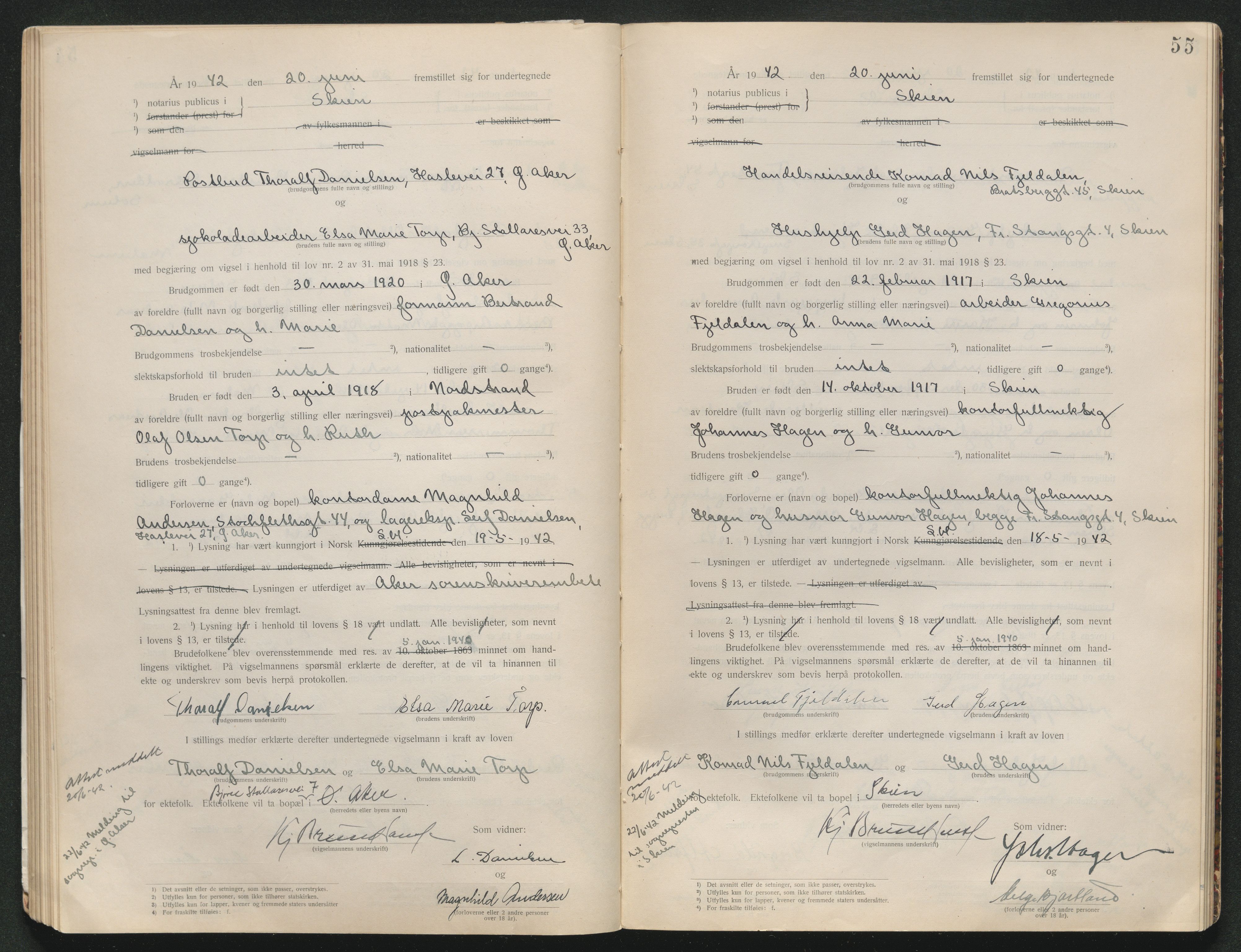 Skien sorenskriveri, AV/SAKO-A-225/L/La/L0001: Vigselsprotokoll, 1920-1947, p. 55