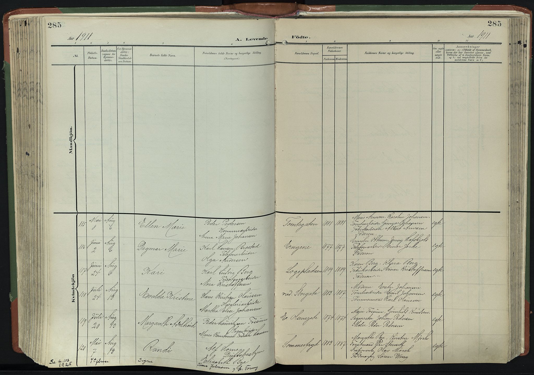 Bragernes kirkebøker, AV/SAKO-A-6/F/Fb/L0009: Parish register (official) no. II 9, 1902-1911, p. 285