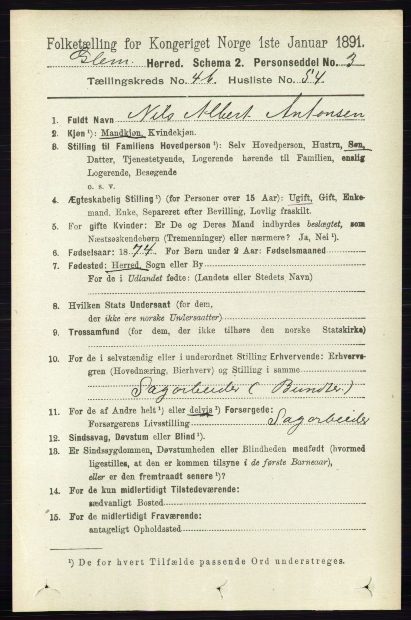 RA, 1891 census for 0132 Glemmen, 1891, p. 5441