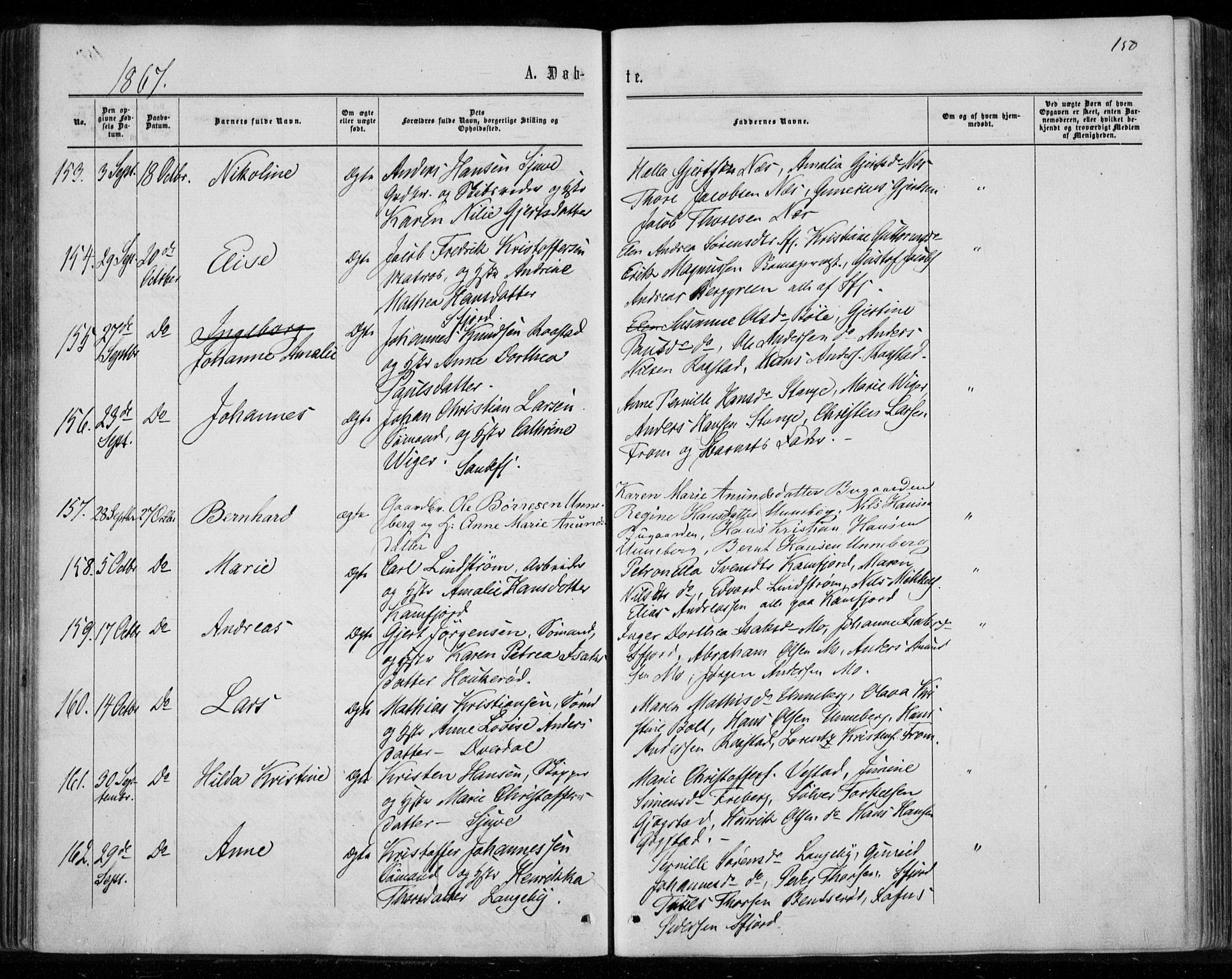 Sandar kirkebøker, SAKO/A-243/F/Fa/L0008: Parish register (official) no. 8, 1862-1871, p. 150