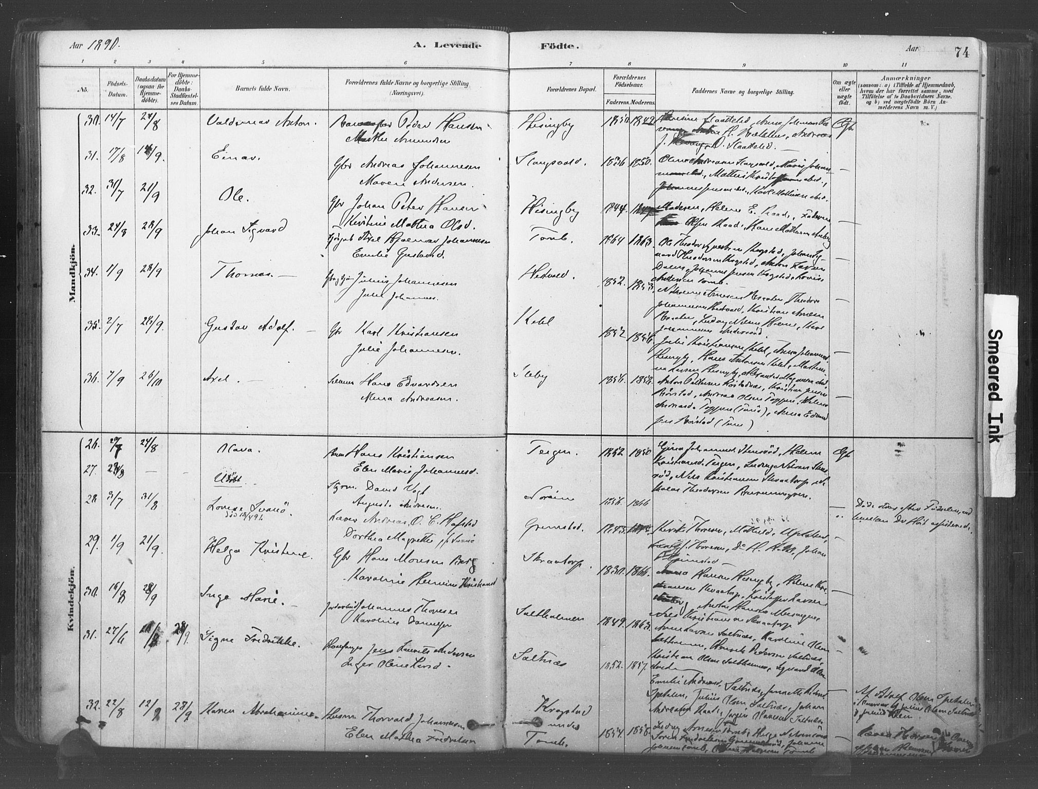 Råde prestekontor kirkebøker, AV/SAO-A-2009/F/Fa/L0007: Parish register (official) no. 7, 1878-1902, p. 74