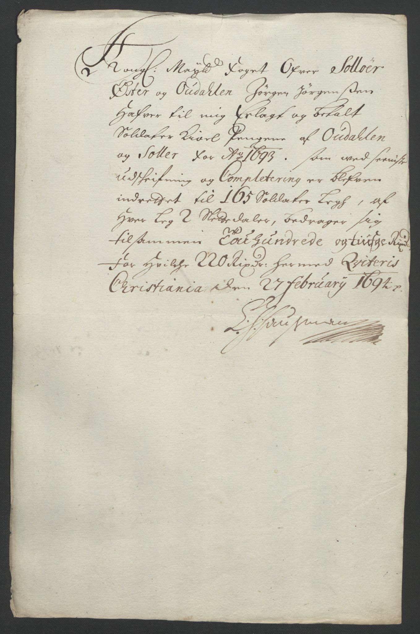 Rentekammeret inntil 1814, Reviderte regnskaper, Fogderegnskap, RA/EA-4092/R13/L0831: Fogderegnskap Solør, Odal og Østerdal, 1693, p. 251