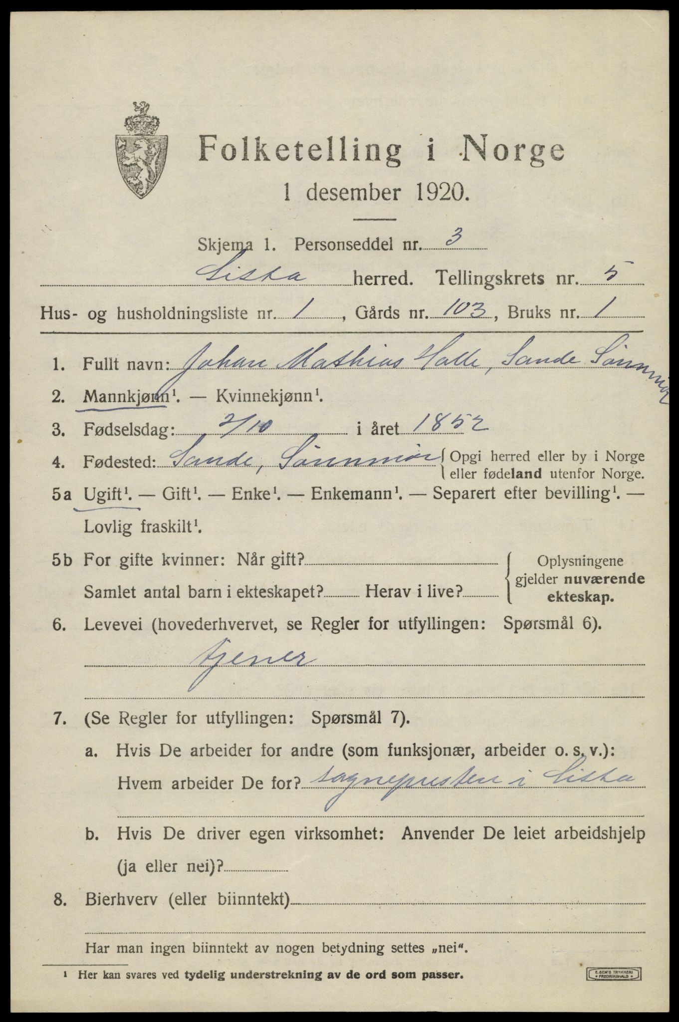 SAK, 1920 census for Lista, 1920, p. 5509