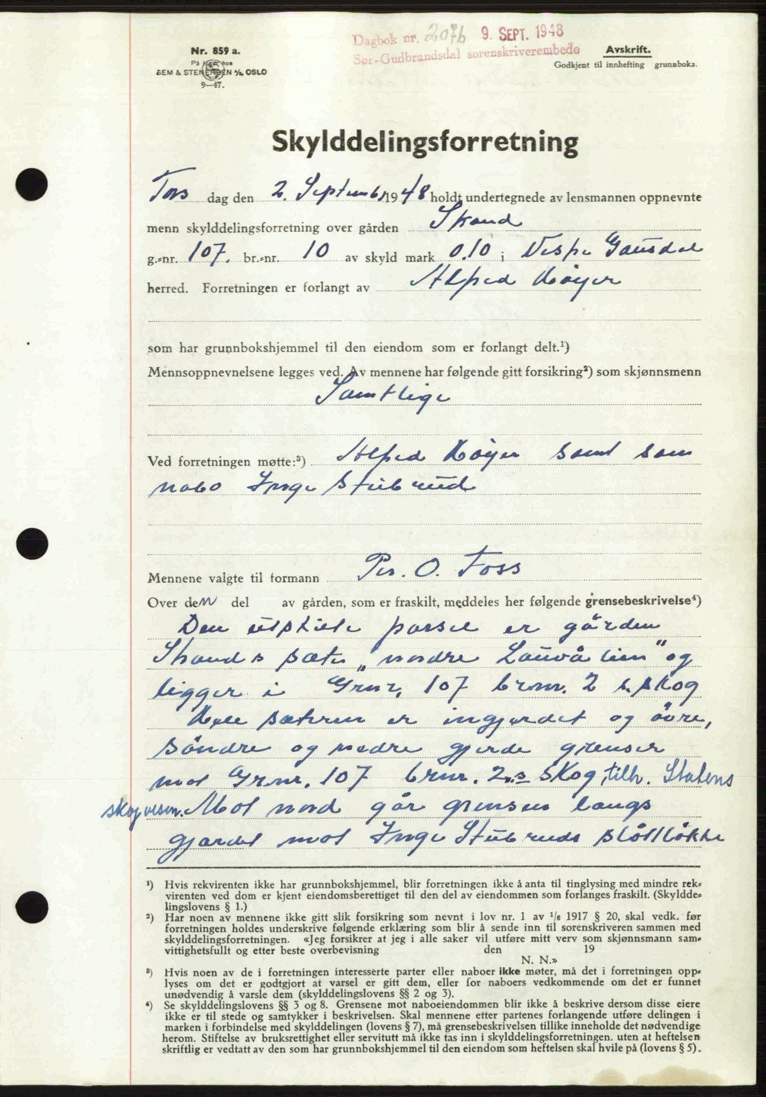 Sør-Gudbrandsdal tingrett, SAH/TING-004/H/Hb/Hbd/L0022: Mortgage book no. A22, 1948-1948, Diary no: : 2076/1948