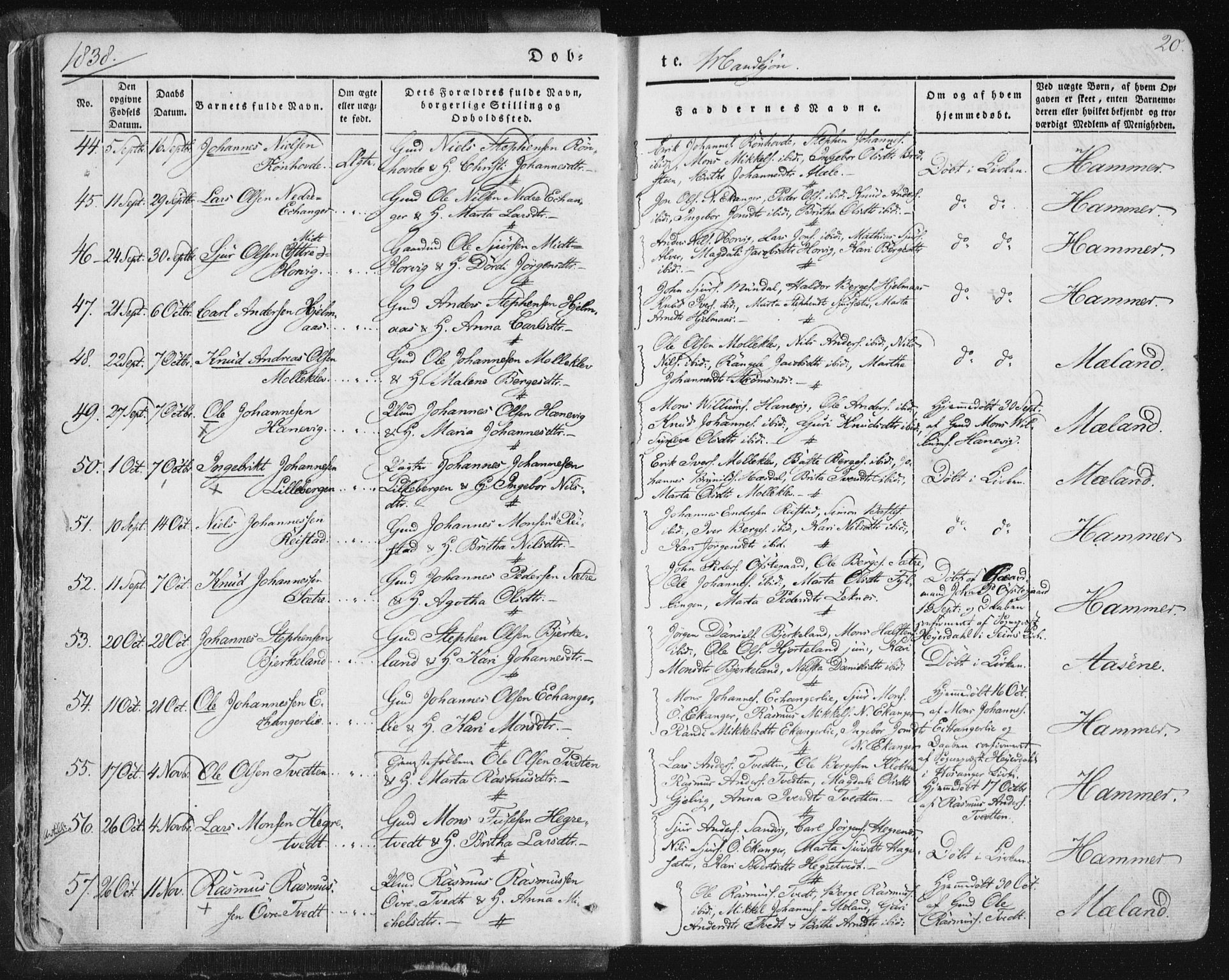 Hamre sokneprestembete, AV/SAB-A-75501/H/Ha/Haa/Haaa/L0012: Parish register (official) no. A 12, 1834-1845, p. 20