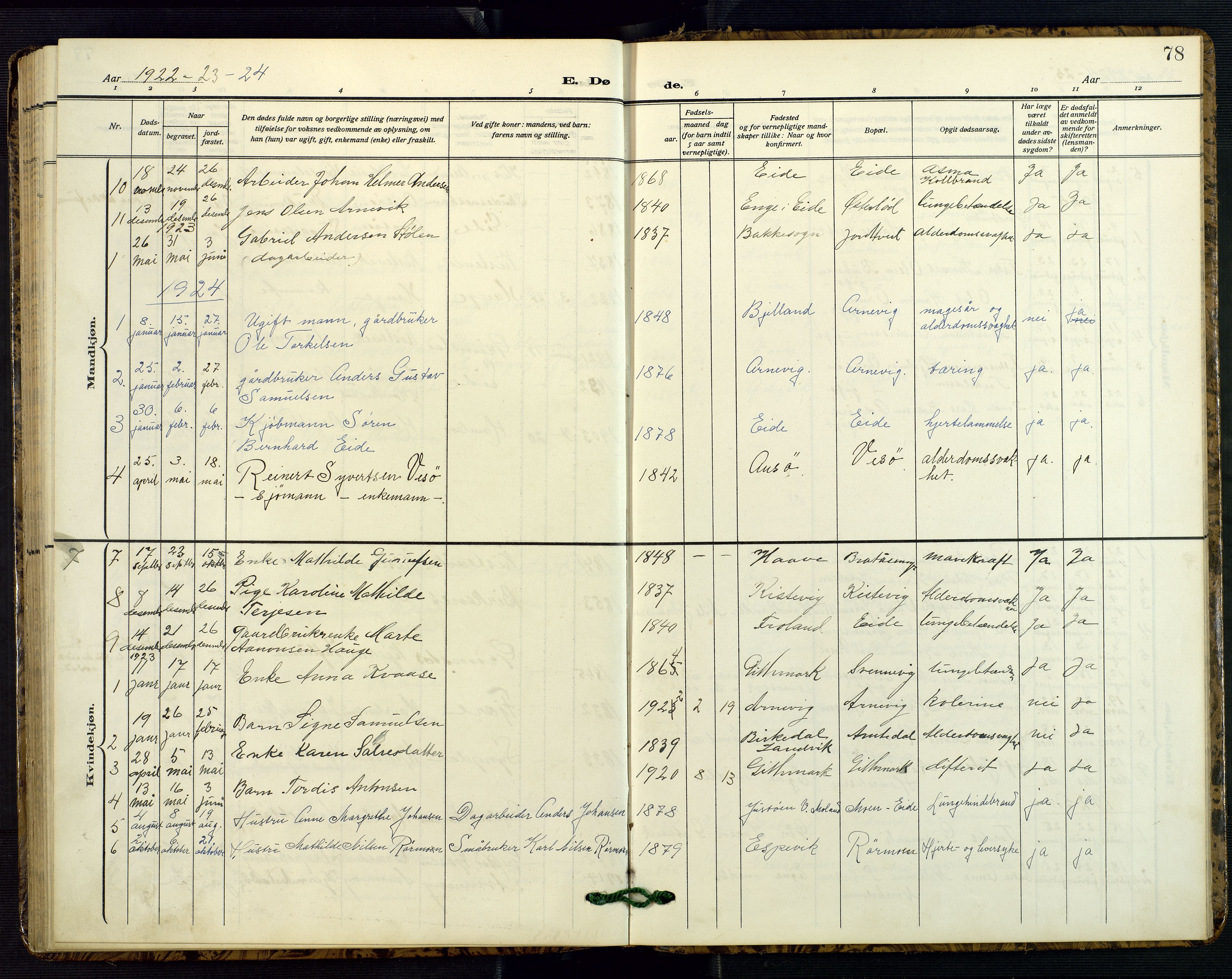Hommedal sokneprestkontor, SAK/1111-0023/F/Fb/Fba/L0005: Parish register (copy) no. B 5, 1909-1957, p. 78