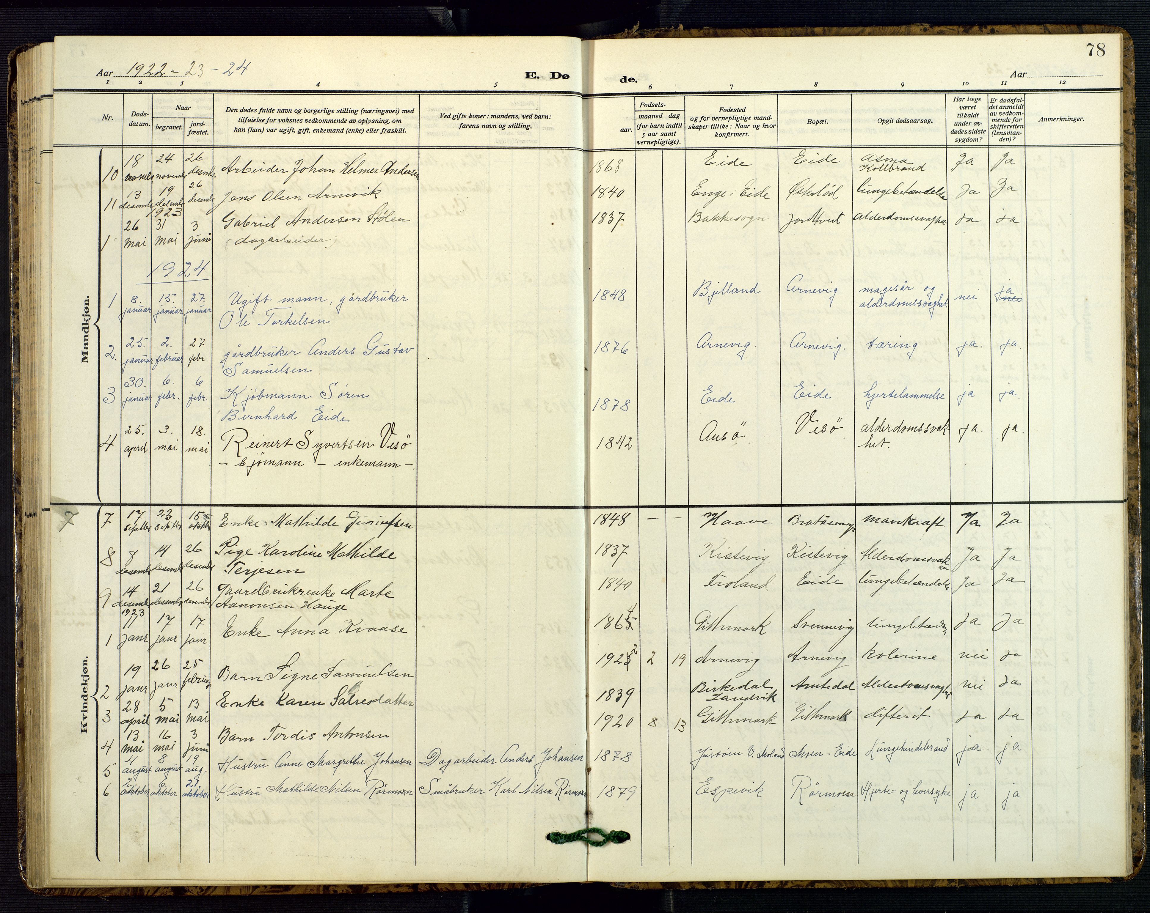 Hommedal sokneprestkontor, AV/SAK-1111-0023/F/Fb/Fba/L0005: Parish register (copy) no. B 5, 1909-1957, p. 78