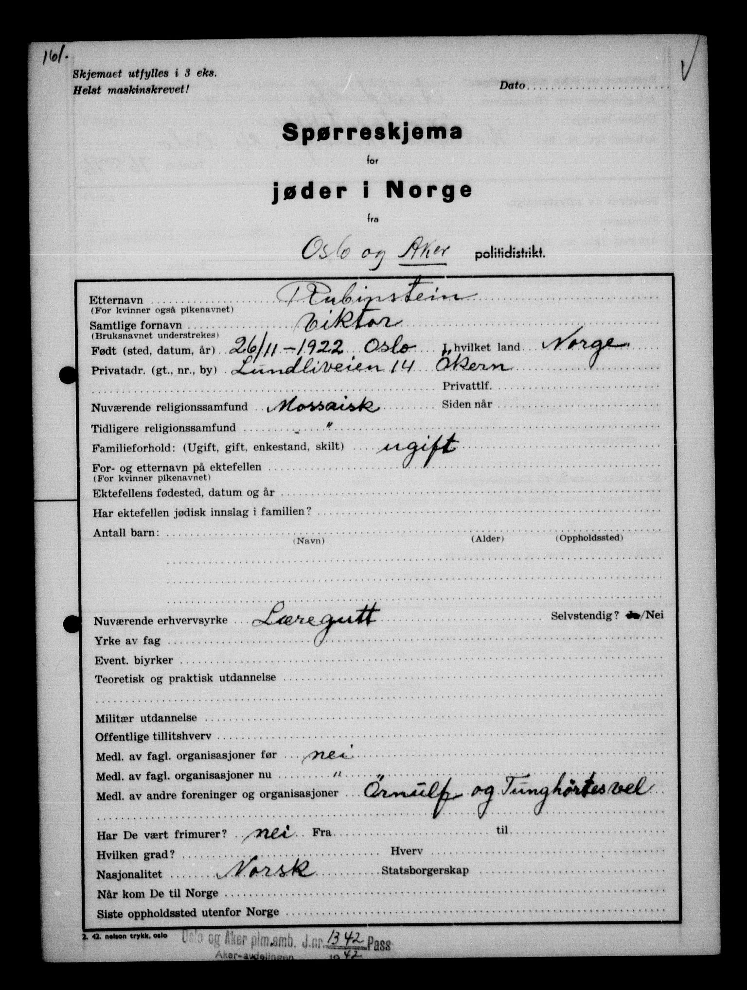 Statspolitiet - Hovedkontoret / Osloavdelingen, AV/RA-S-1329/G/Ga/L0012: Spørreskjema for jøder i Norge. 1: Aker 114- 207 (Levinson-Wozak) og 656 (Salomon). 2: Arendal-Hordaland. 3: Horten-Romerike.  , 1942, p. 144