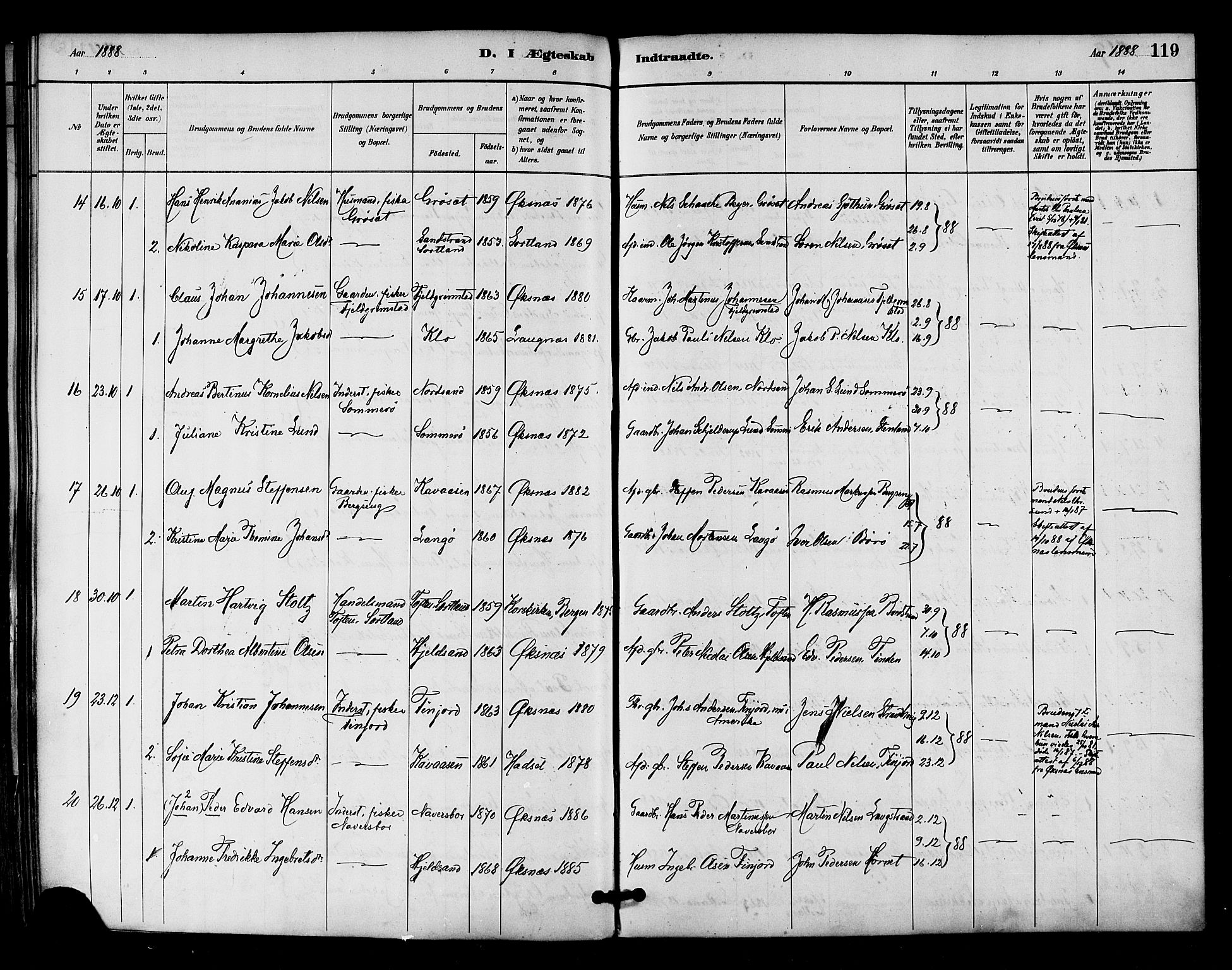 Ministerialprotokoller, klokkerbøker og fødselsregistre - Nordland, AV/SAT-A-1459/893/L1337: Parish register (official) no. 893A09, 1885-1893, p. 119