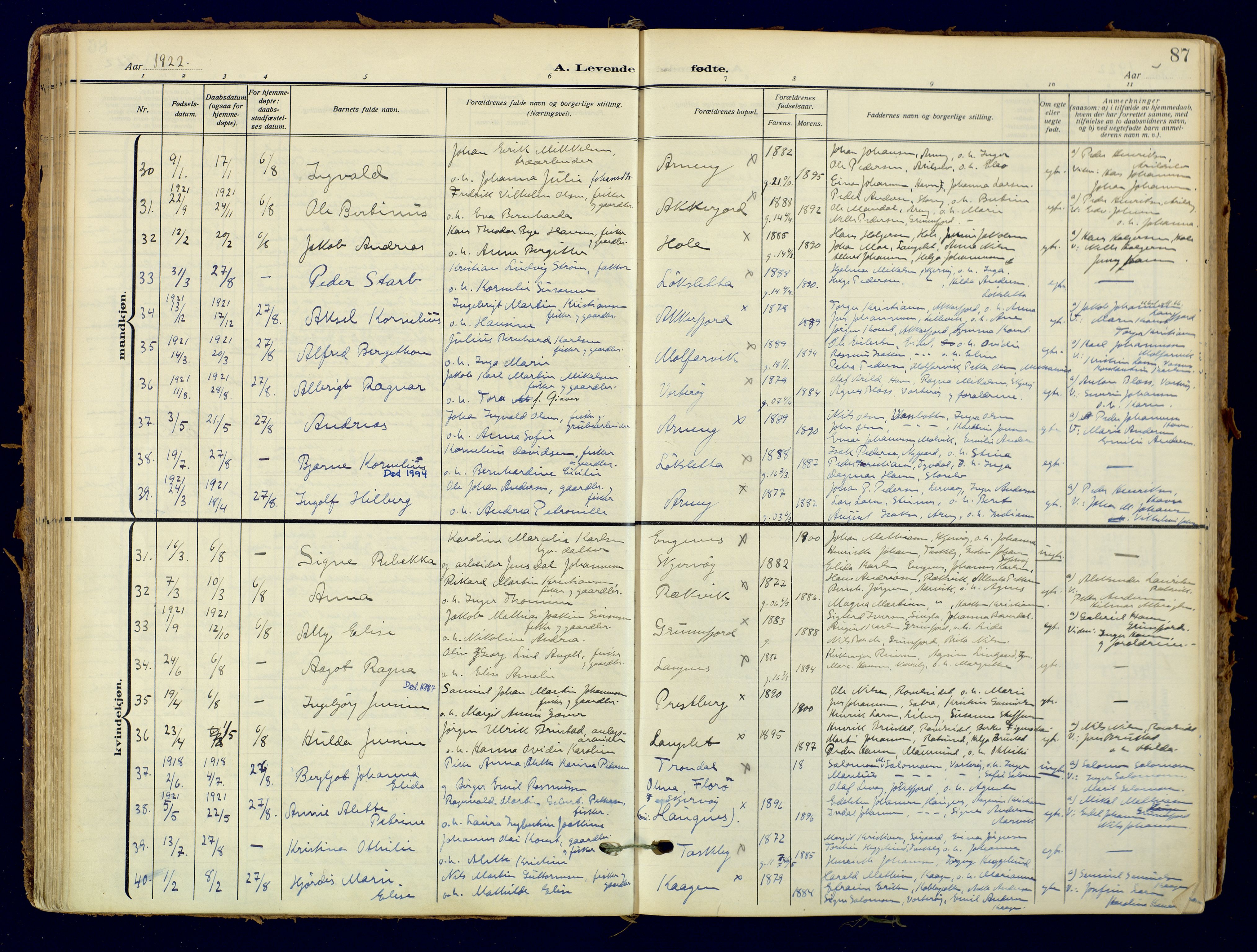 Skjervøy sokneprestkontor, AV/SATØ-S-1300/H/Ha/Haa: Parish register (official) no. 18, 1910-1926, p. 87