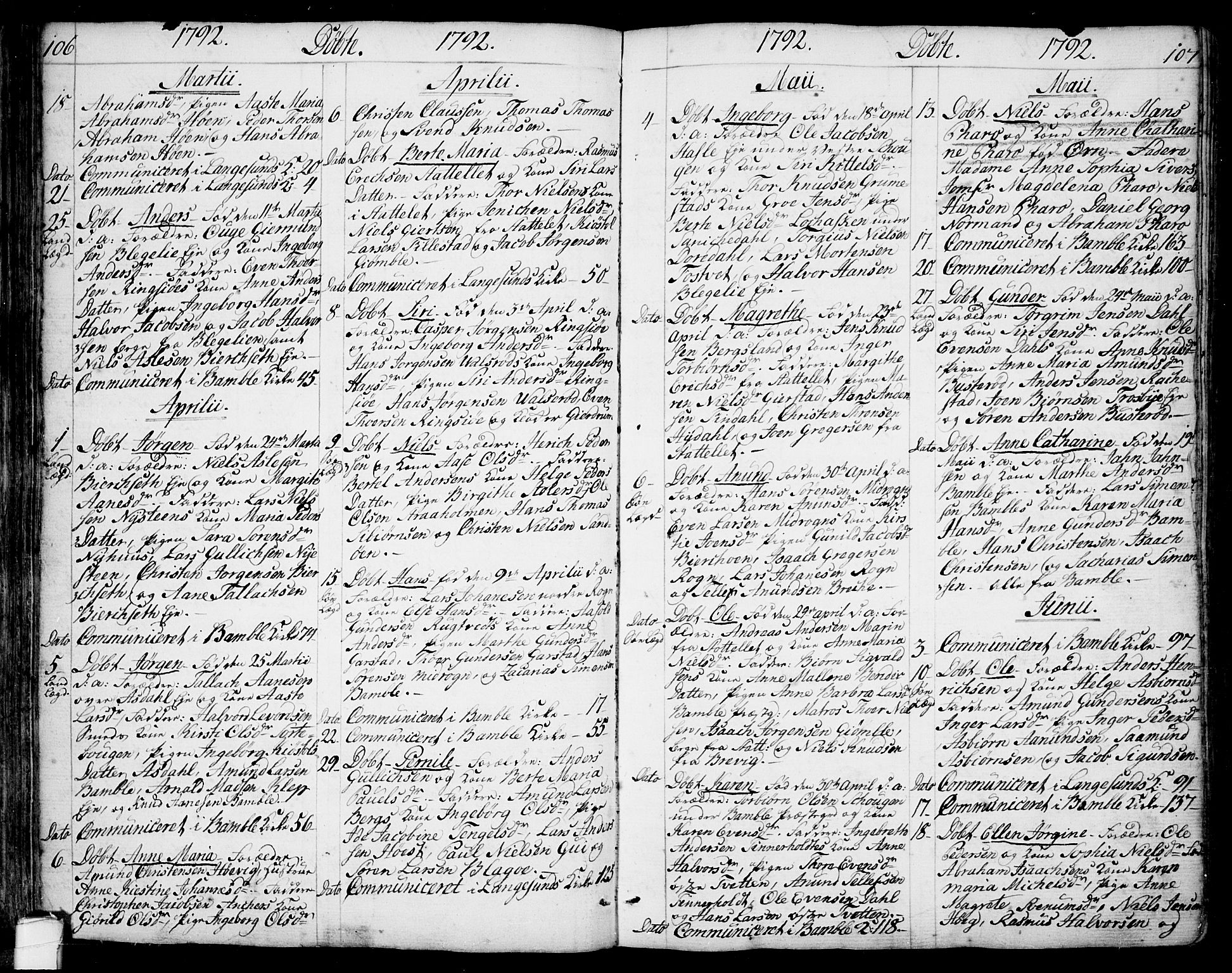 Bamble kirkebøker, AV/SAKO-A-253/F/Fa/L0002: Parish register (official) no. I 2, 1775-1814, p. 106-107