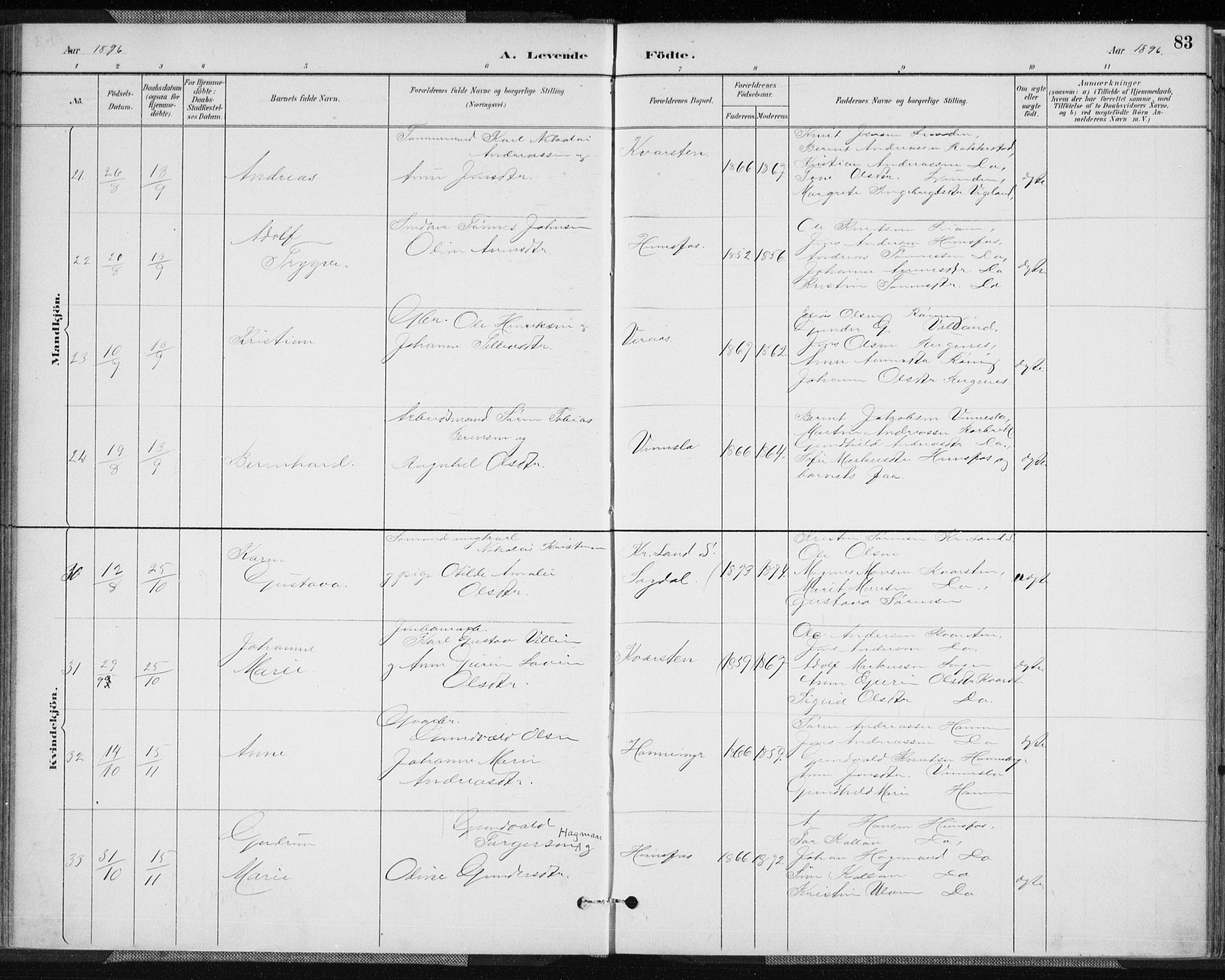 Vennesla sokneprestkontor, AV/SAK-1111-0045/Fa/Fab/L0004: Parish register (official) no. A 4, 1884-1896, p. 83