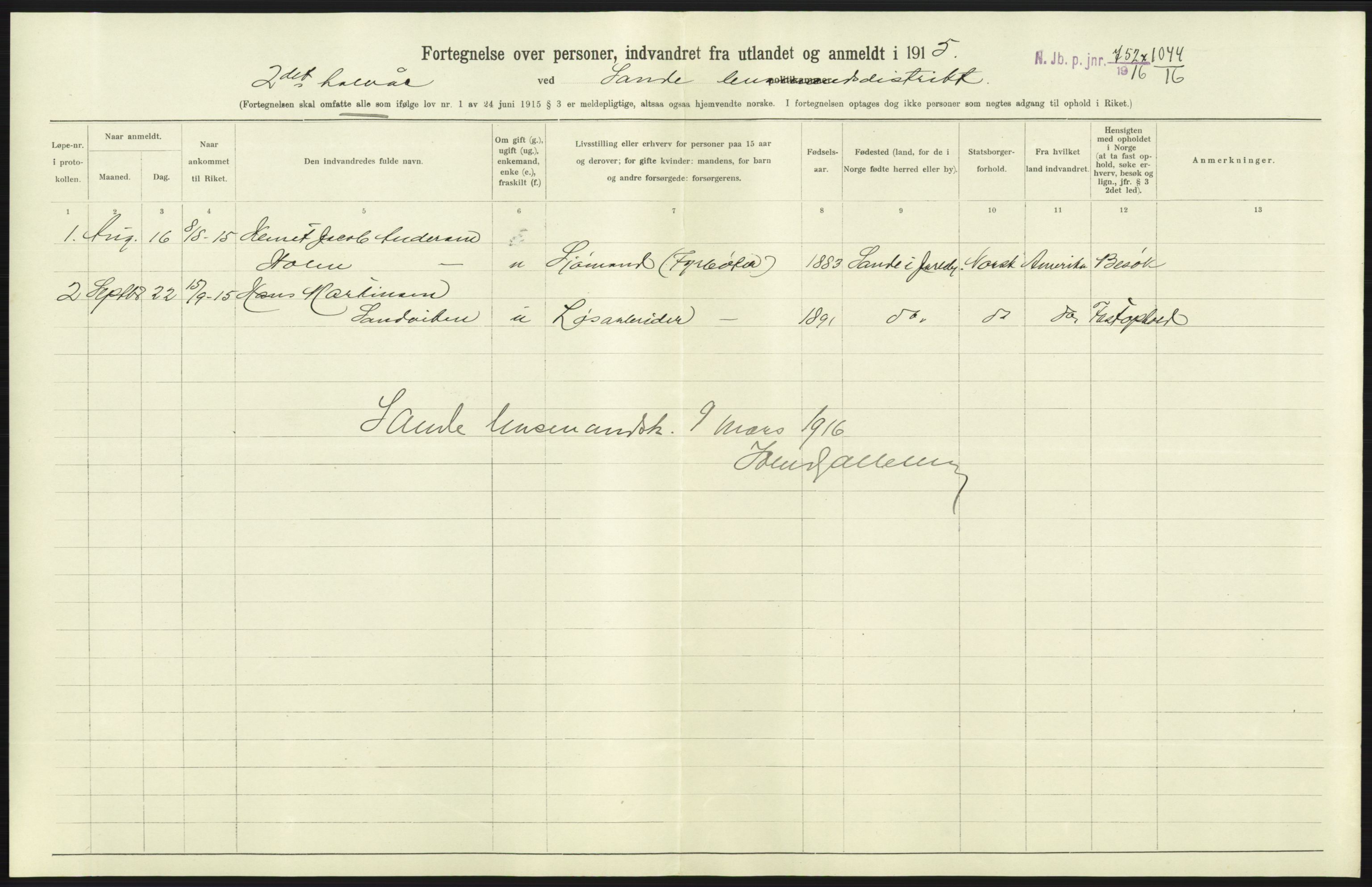 Nord-Jarlsberg politikammer, AV/SAKO-A-739/I/Ia/Iab/L0001: Emigrantprotokoll, 1912-1918, p. 197