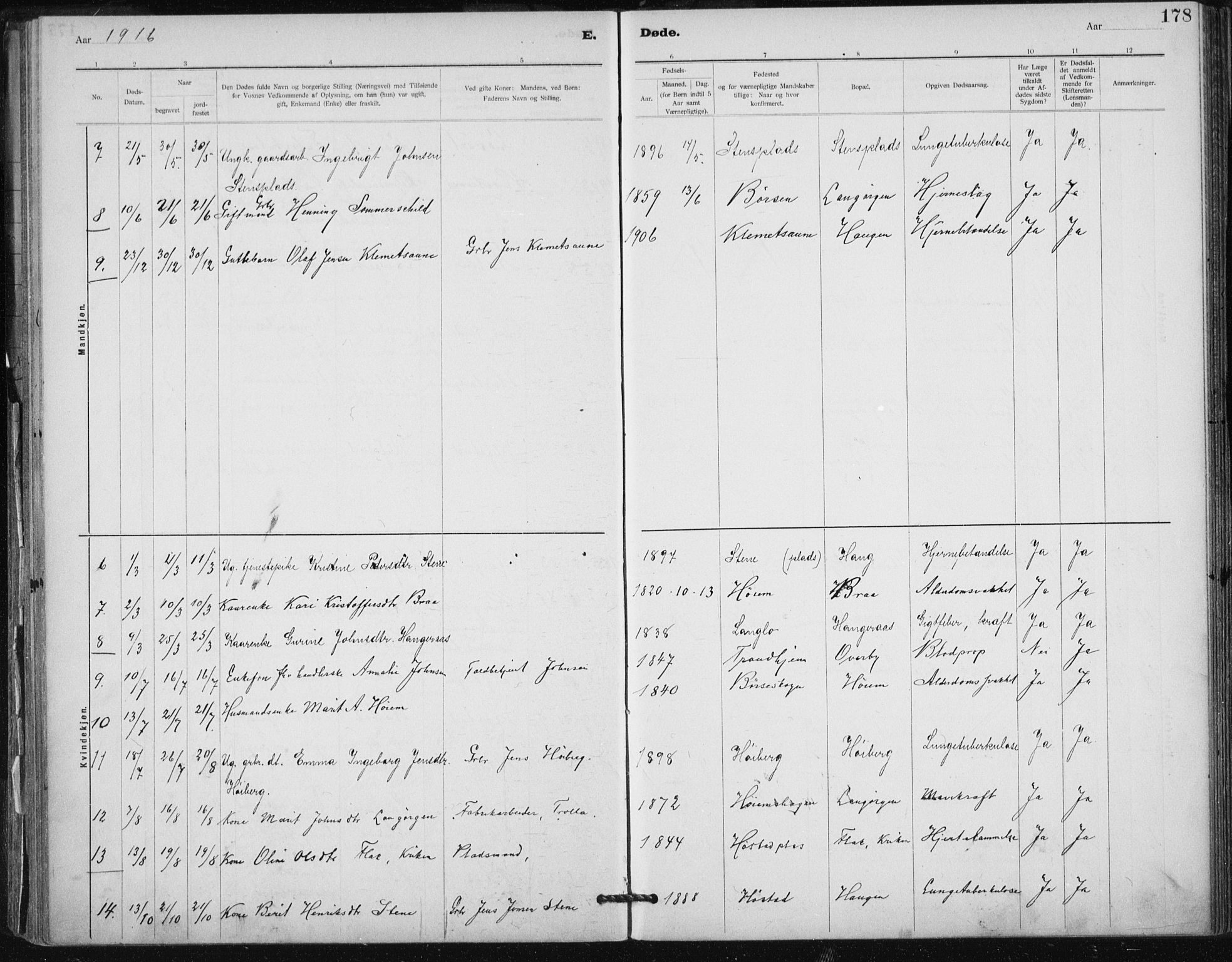 Ministerialprotokoller, klokkerbøker og fødselsregistre - Sør-Trøndelag, SAT/A-1456/612/L0381: Parish register (official) no. 612A13, 1907-1923, p. 178