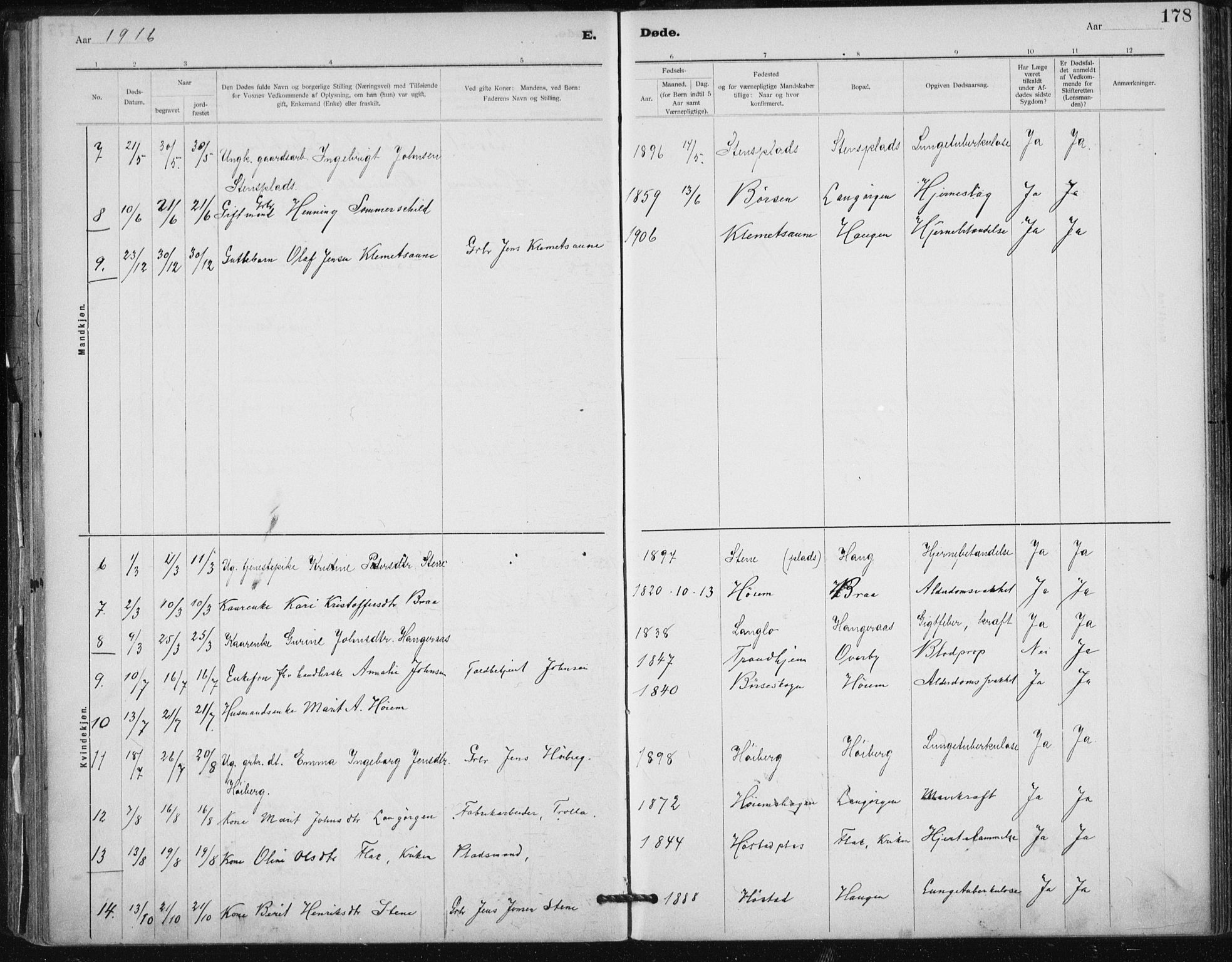 Ministerialprotokoller, klokkerbøker og fødselsregistre - Sør-Trøndelag, AV/SAT-A-1456/612/L0381: Parish register (official) no. 612A13, 1907-1923, p. 178