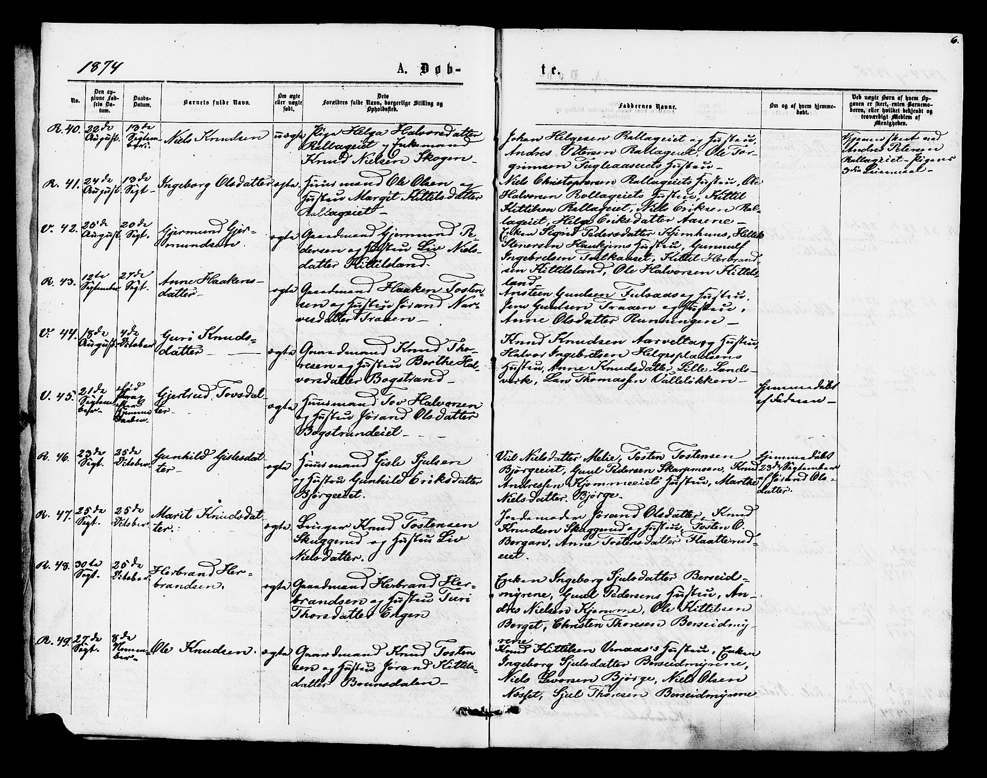 Rollag kirkebøker, AV/SAKO-A-240/F/Fa/L0010: Parish register (official) no. I 10, 1874-1877, p. 6