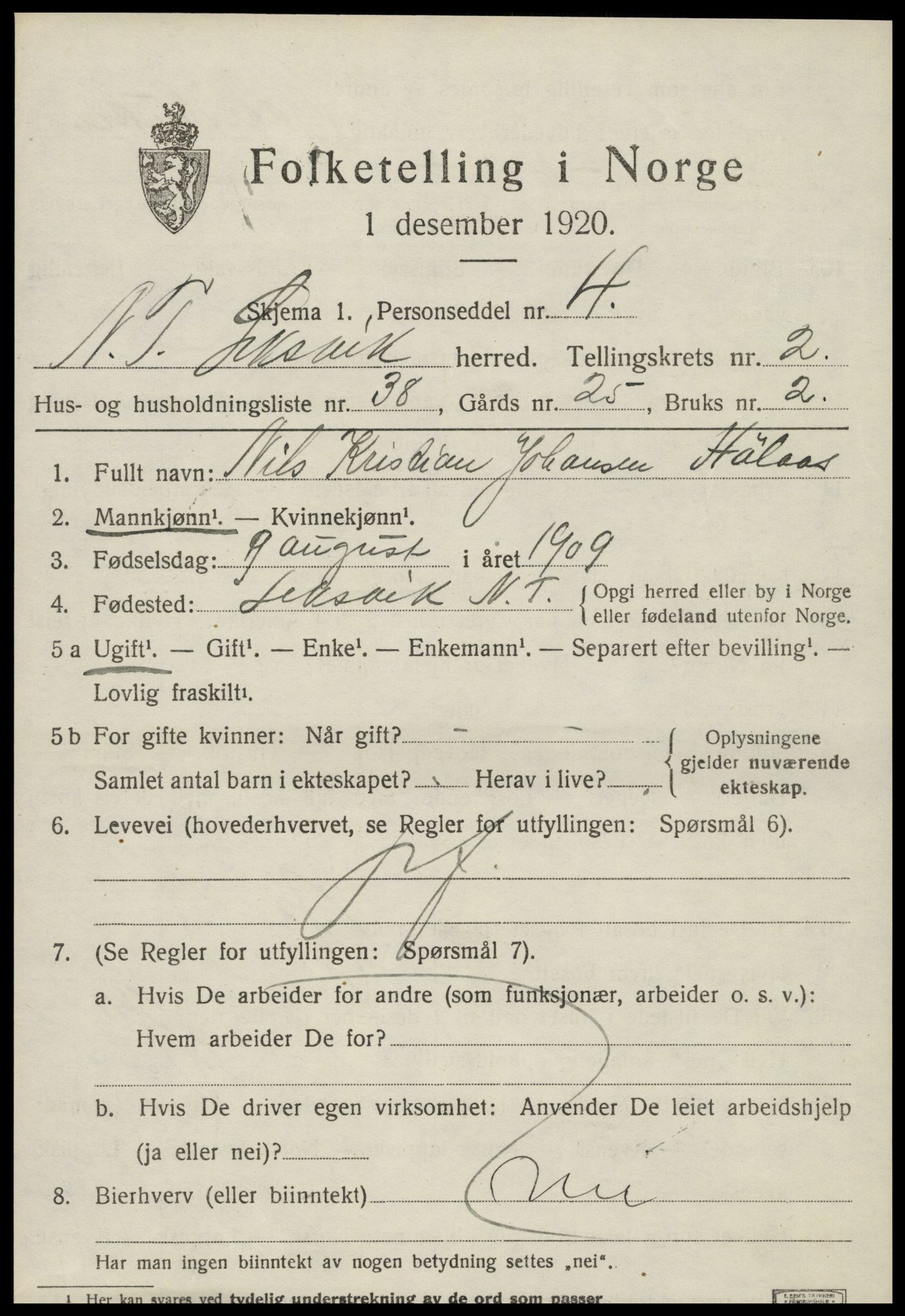 SAT, 1920 census for Leksvik, 1920, p. 2194