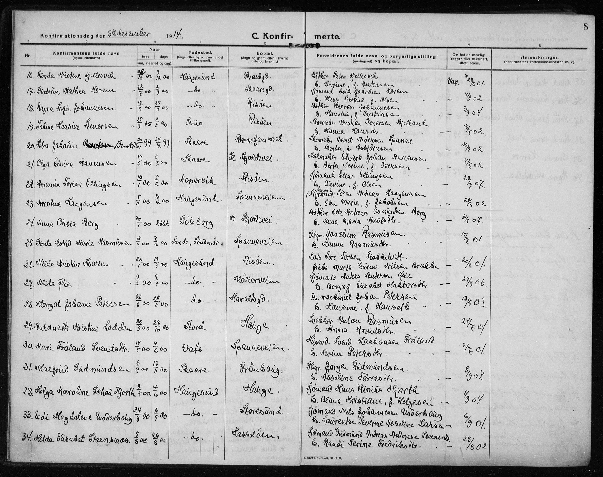 Haugesund sokneprestkontor, AV/SAST-A -101863/H/Ha/Haa/L0009: Parish register (official) no. A 9, 1914-1929, p. 8