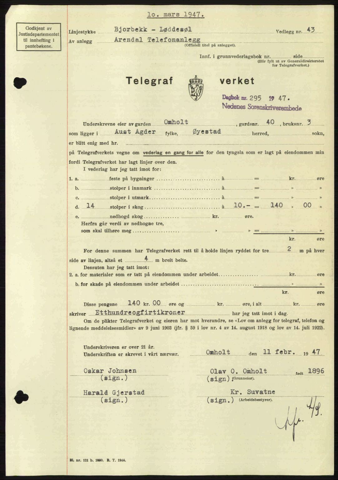 Nedenes sorenskriveri, SAK/1221-0006/G/Gb/Gba/L0057: Mortgage book no. A9, 1947-1947, Diary no: : 295/1947