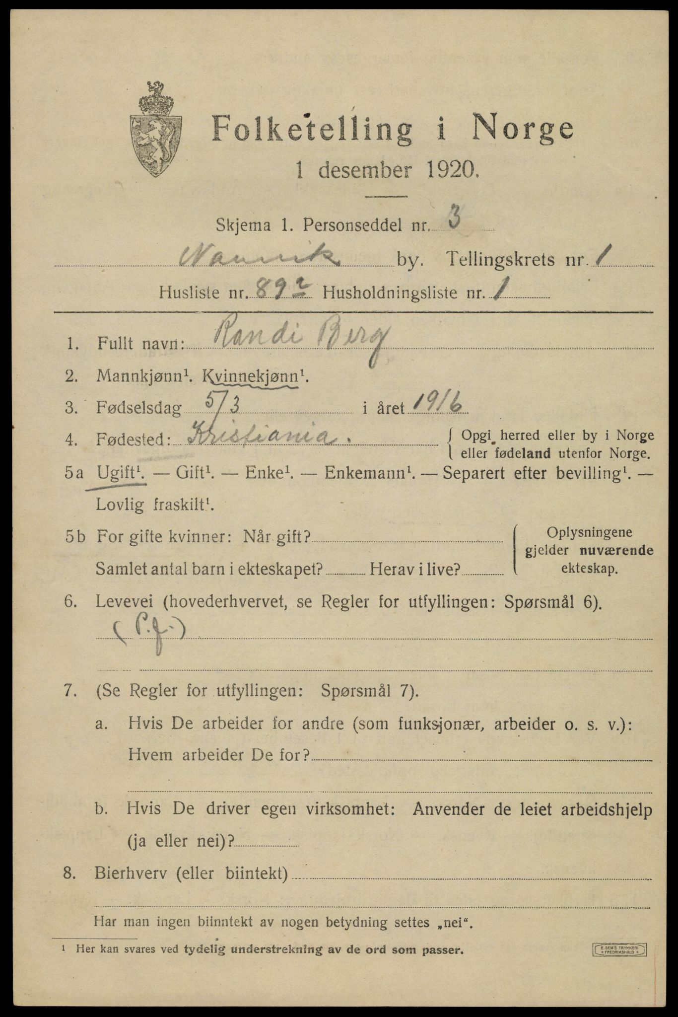 SAT, 1920 census for Narvik, 1920, p. 5788