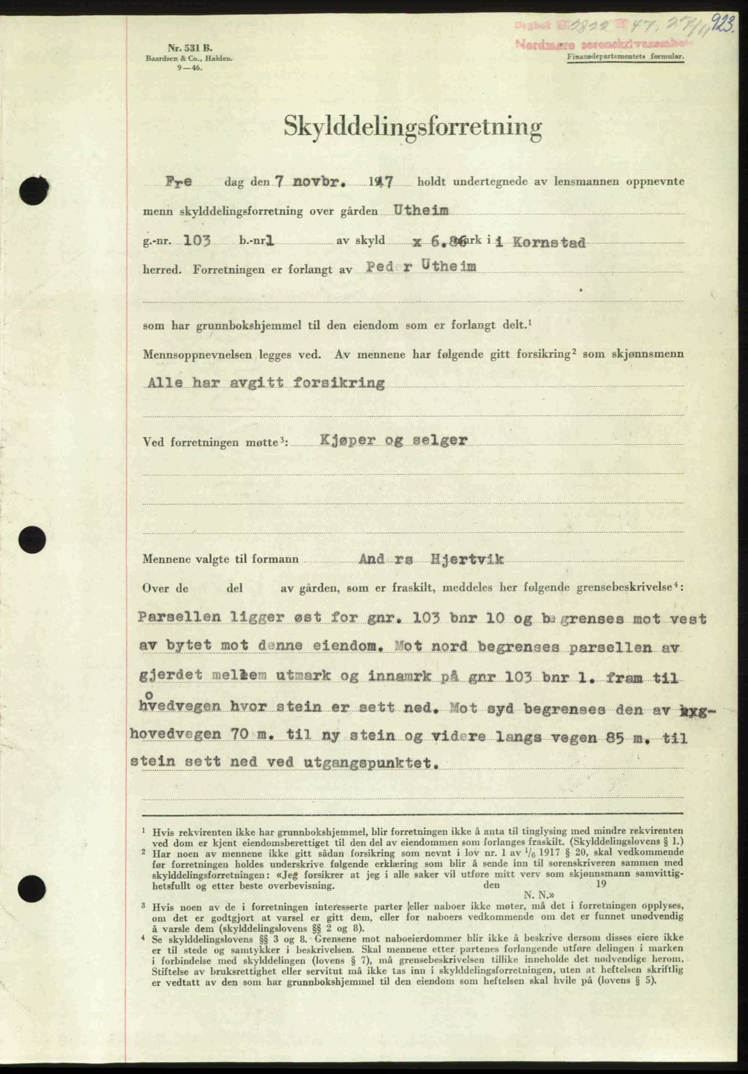 Nordmøre sorenskriveri, AV/SAT-A-4132/1/2/2Ca: Mortgage book no. A106, 1947-1947, Diary no: : 2822/1947