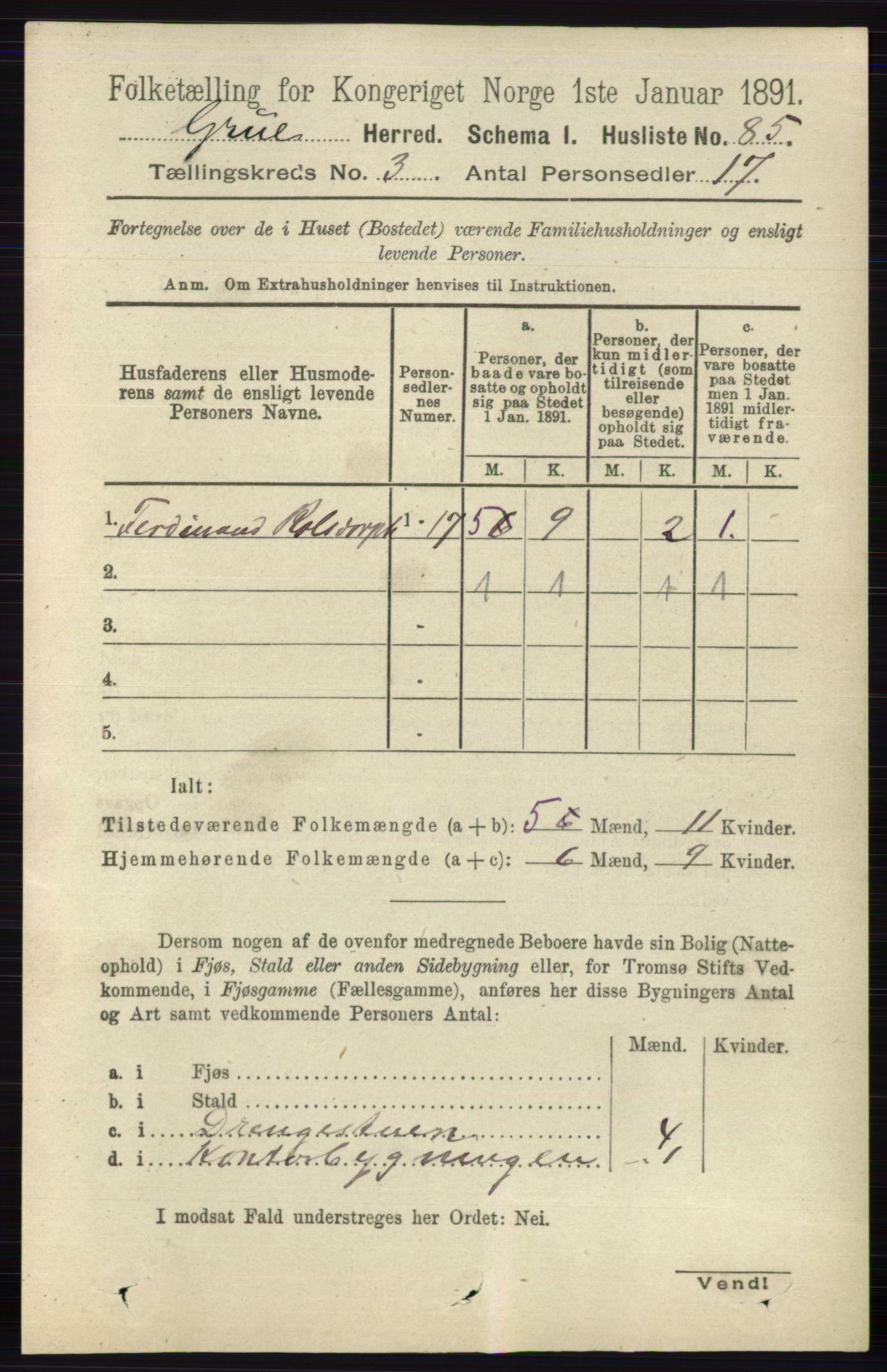 RA, 1891 census for 0423 Grue, 1891, p. 1540