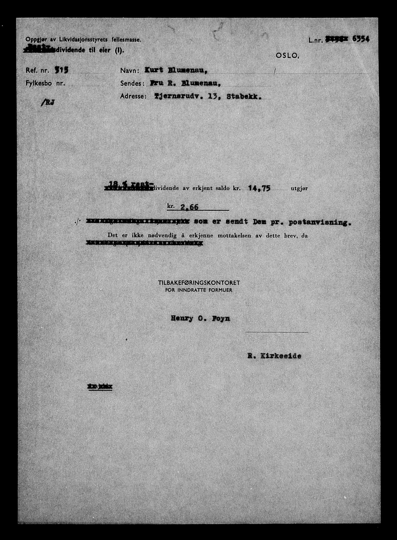 Justisdepartementet, Tilbakeføringskontoret for inndratte formuer, AV/RA-S-1564/H/Hc/Hcc/L0926: --, 1945-1947, p. 159