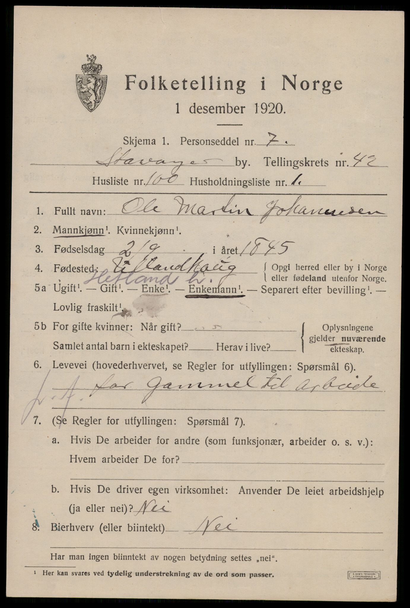 SAST, 1920 census for Stavanger, 1920, p. 106808