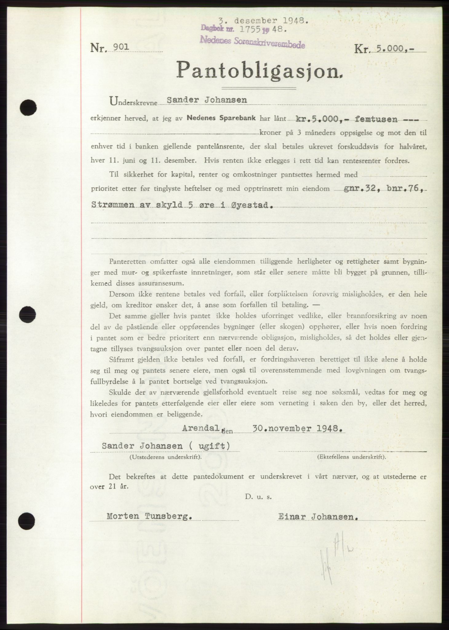 Nedenes sorenskriveri, AV/SAK-1221-0006/G/Gb/Gbb/L0005: Mortgage book no. B5, 1948-1948, Diary no: : 1755/1948