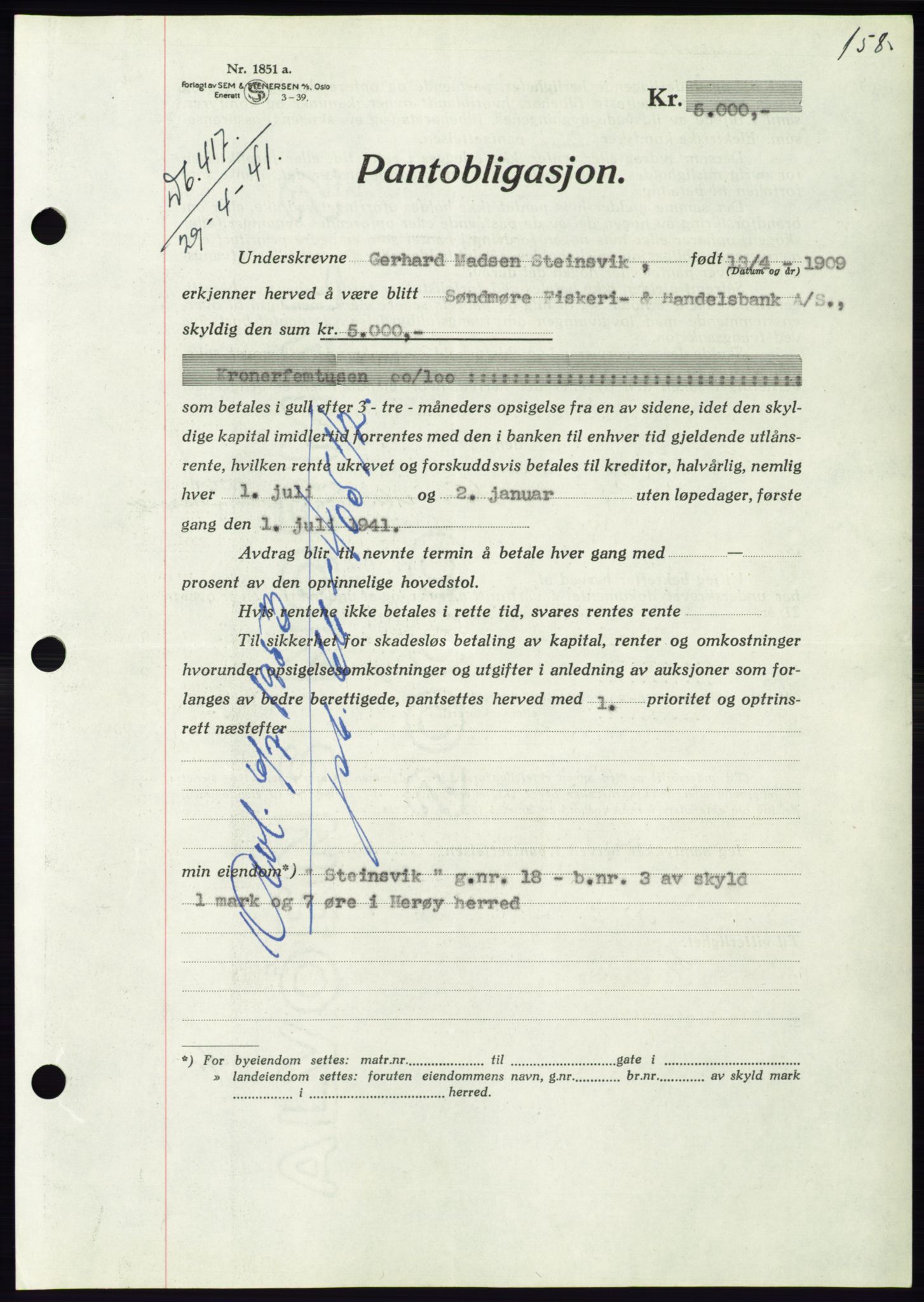 Søre Sunnmøre sorenskriveri, AV/SAT-A-4122/1/2/2C/L0071: Mortgage book no. 65, 1941-1941, Diary no: : 417/1941