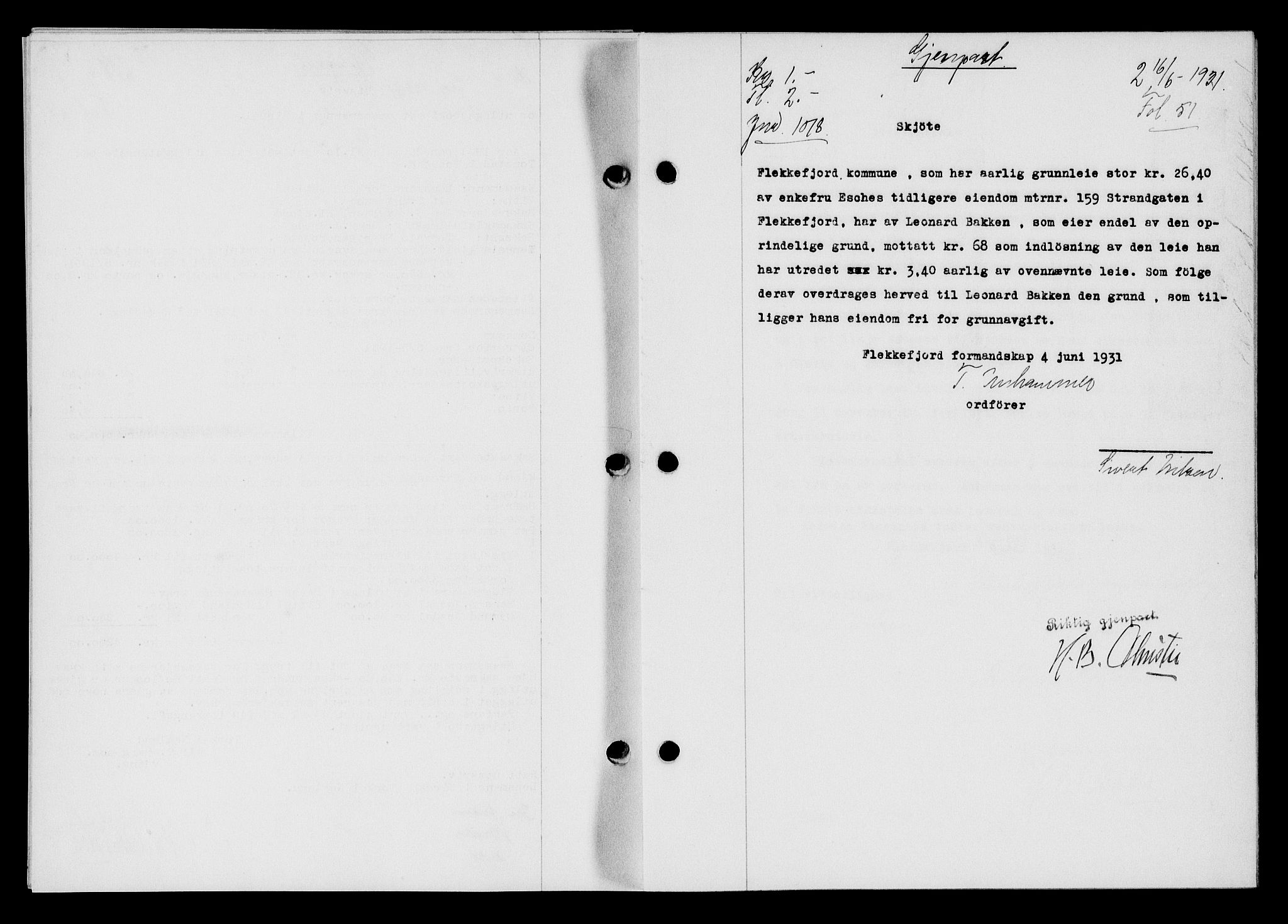 Flekkefjord sorenskriveri, SAK/1221-0001/G/Gb/Gba/L0046: Mortgage book no. 44, 1930-1931, Deed date: 16.06.1931