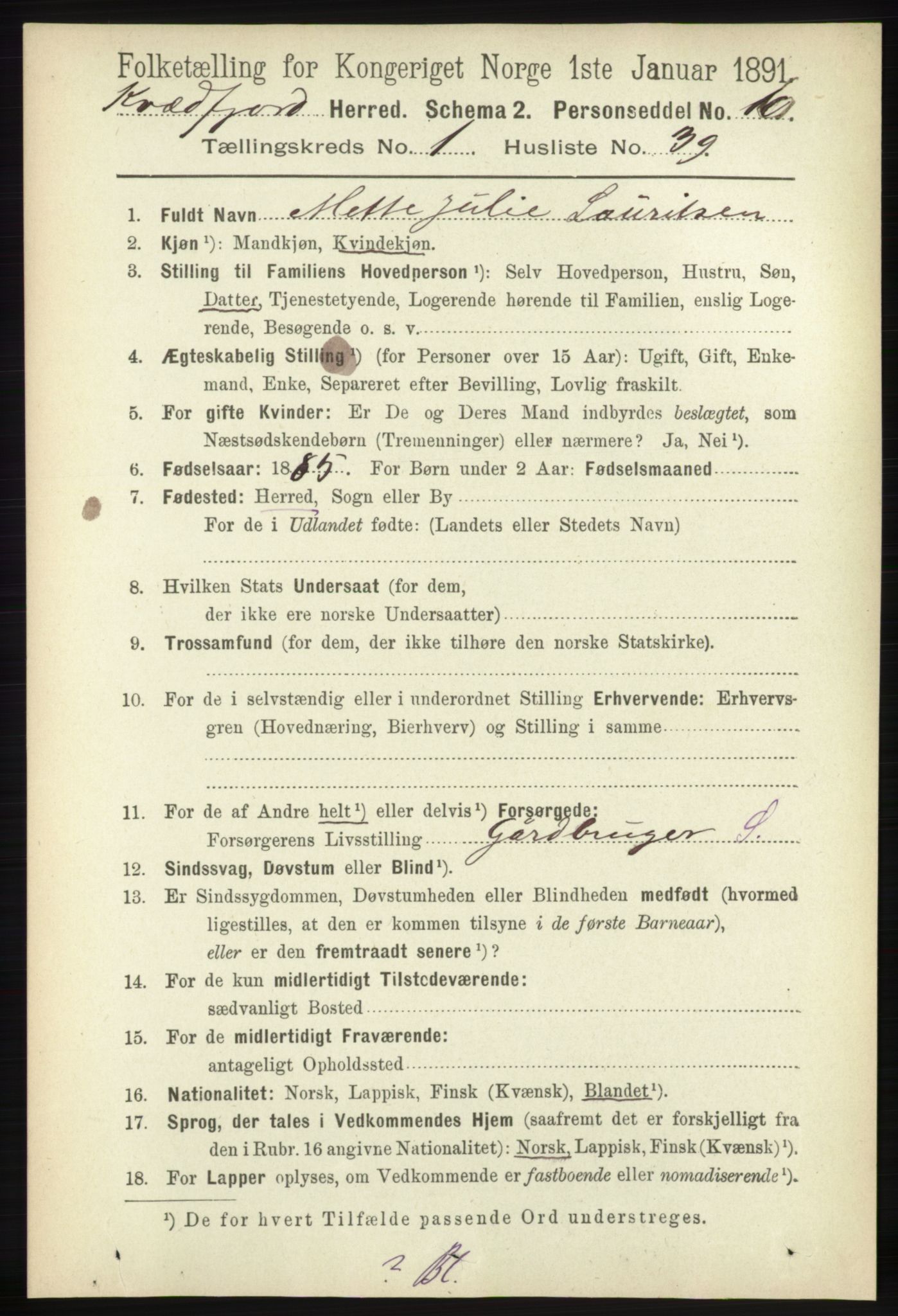 RA, 1891 census for 1911 Kvæfjord, 1891, p. 340