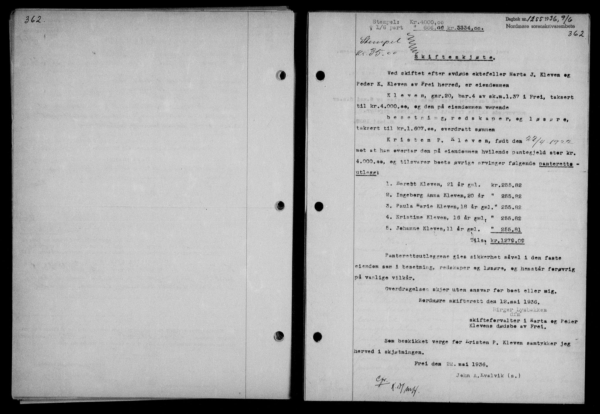 Nordmøre sorenskriveri, AV/SAT-A-4132/1/2/2Ca/L0088: Mortgage book no. 78, 1936-1936, Diary no: : 1255/1936