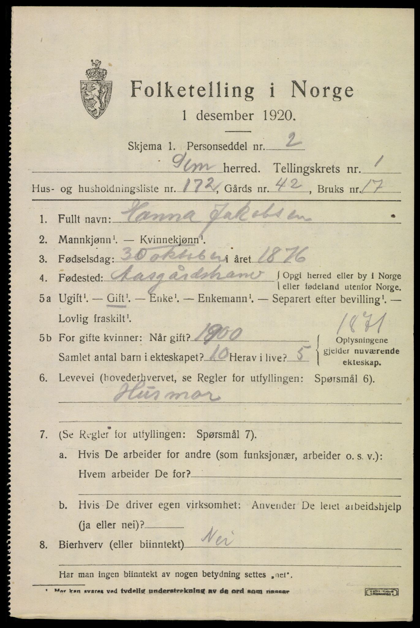 SAKO, 1920 census for Sem, 1920, p. 4995