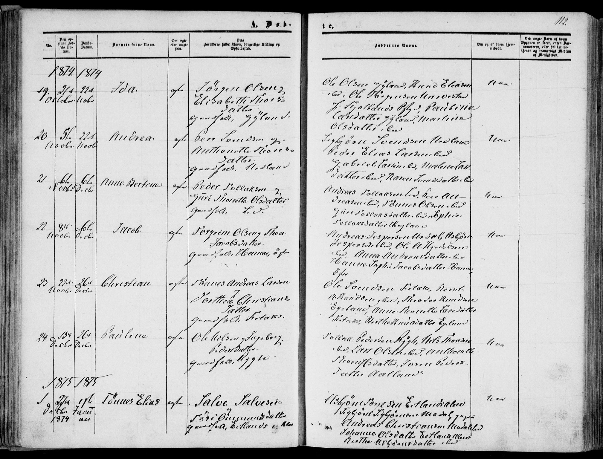 Bakke sokneprestkontor, SAK/1111-0002/F/Fa/Fab/L0002: Parish register (official) no. A 2, 1855-1884, p. 112