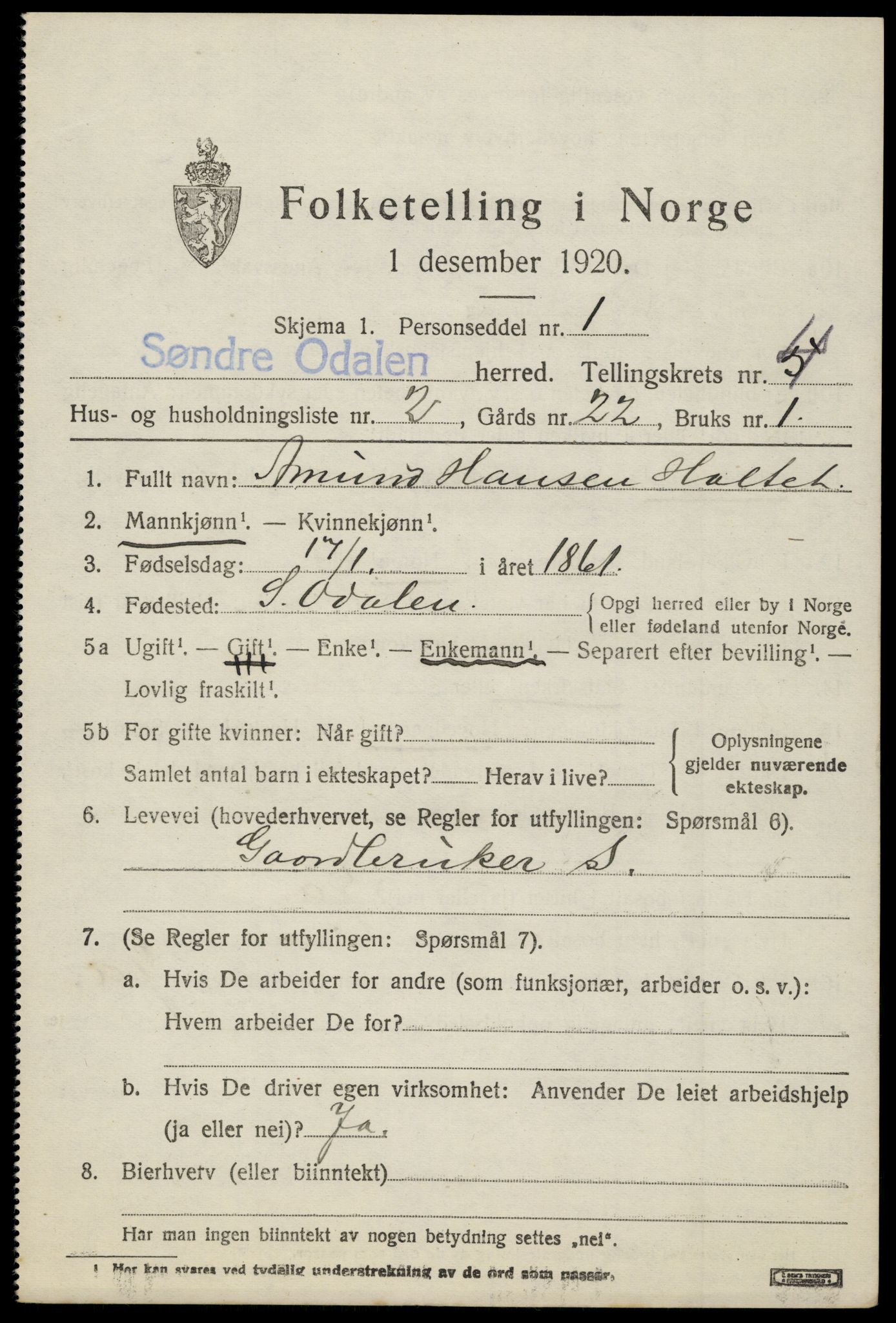 SAH, 1920 census for Sør-Odal, 1920, p. 5025