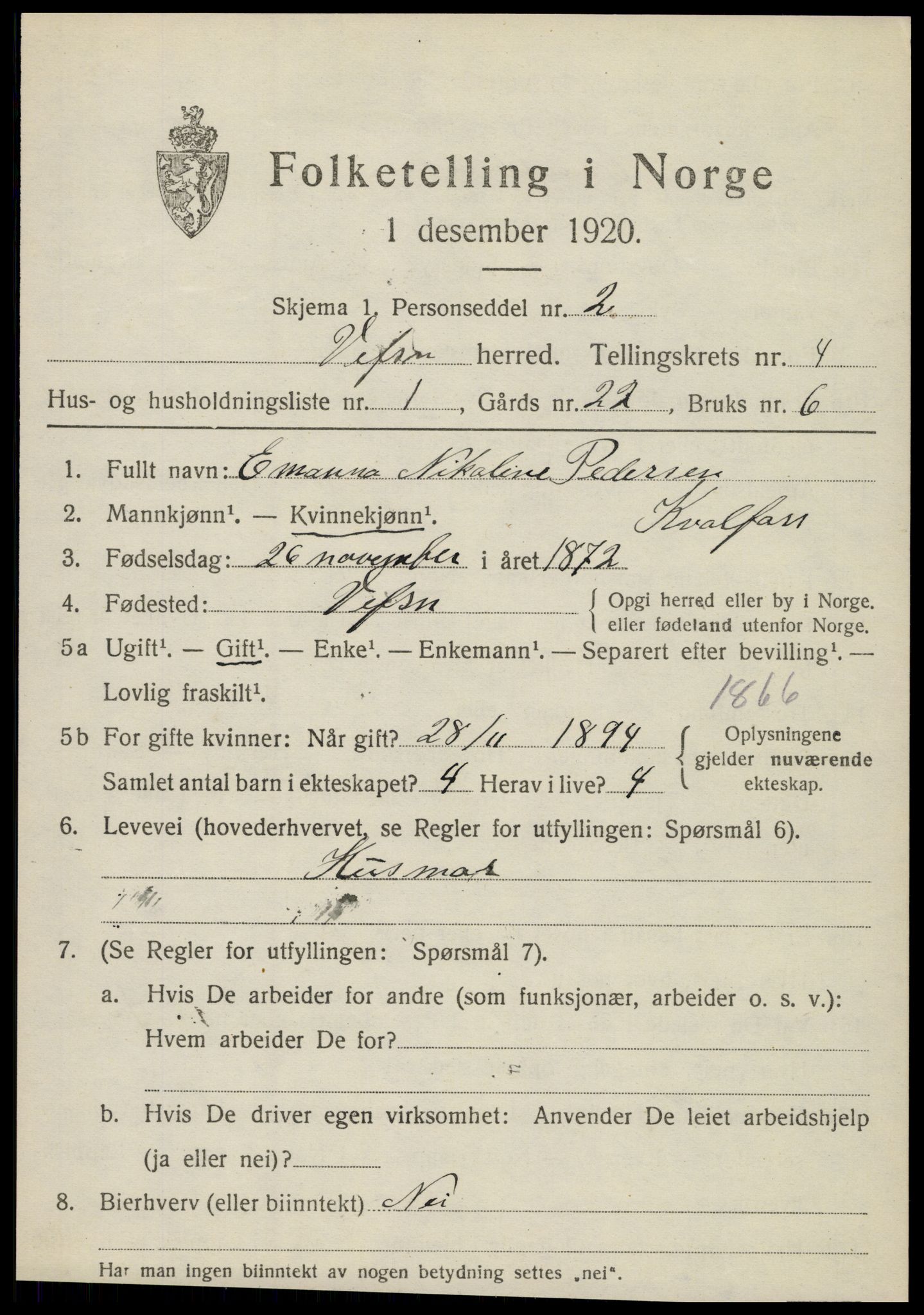 SAT, 1920 census for Vefsn, 1920, p. 2839