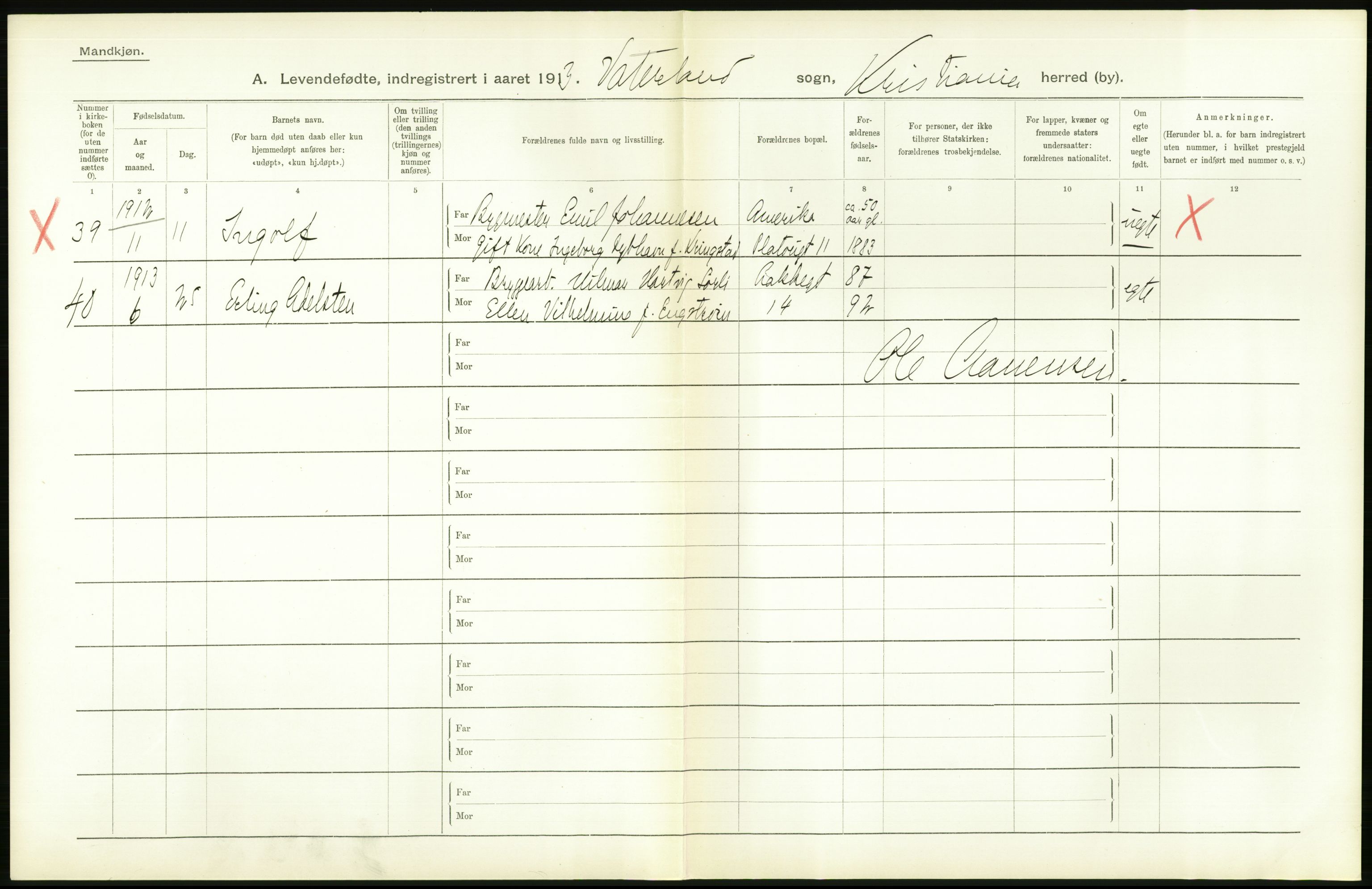 Statistisk sentralbyrå, Sosiodemografiske emner, Befolkning, AV/RA-S-2228/D/Df/Dfb/Dfbc/L0007: Kristiania: Levendefødte menn og kvinner., 1913, p. 524