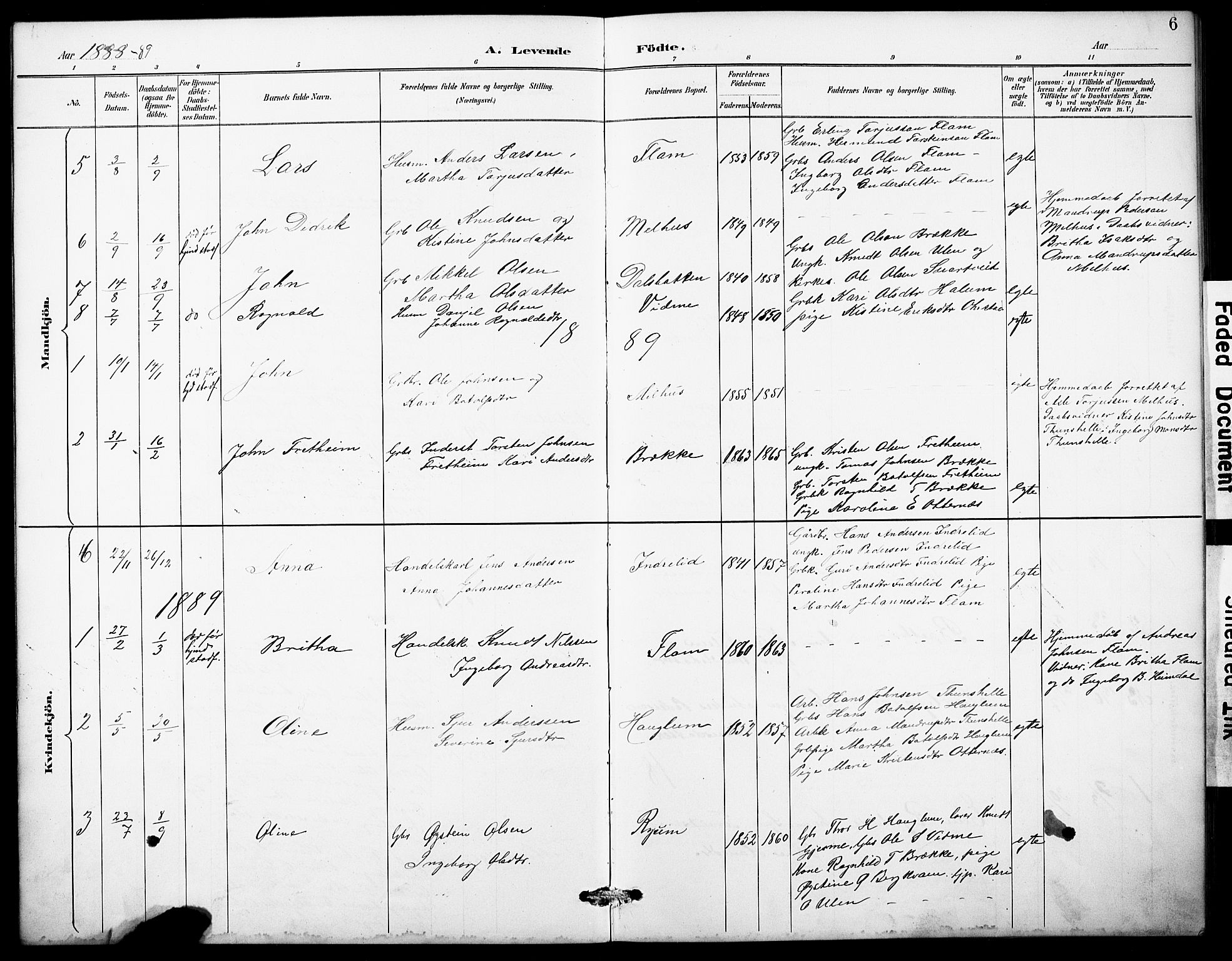 Aurland sokneprestembete, SAB/A-99937/H/Hb/Hbb/L0002: Parish register (copy) no. B 2, 1887-1929, p. 6