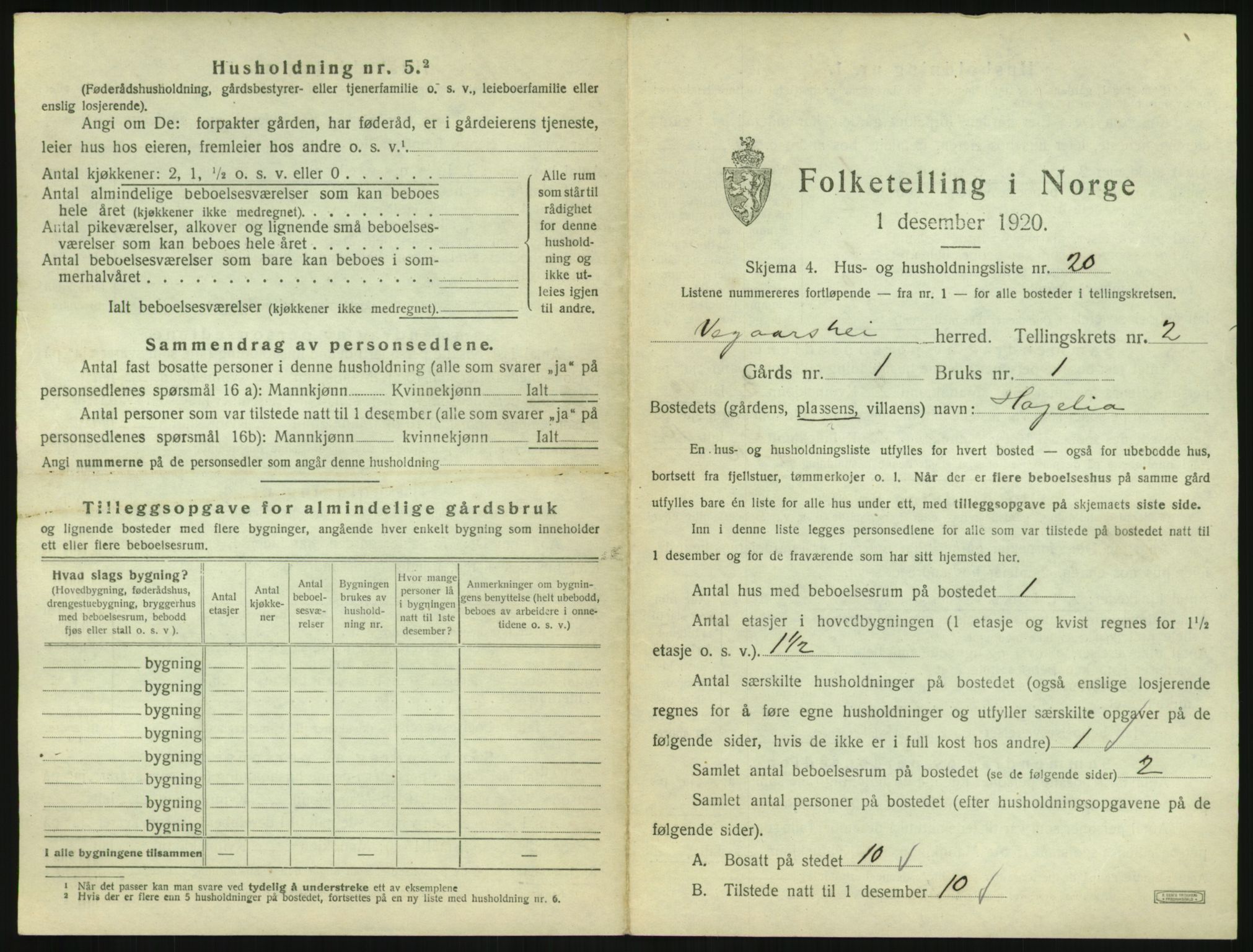 SAK, 1920 census for Vegårshei, 1920, p. 186