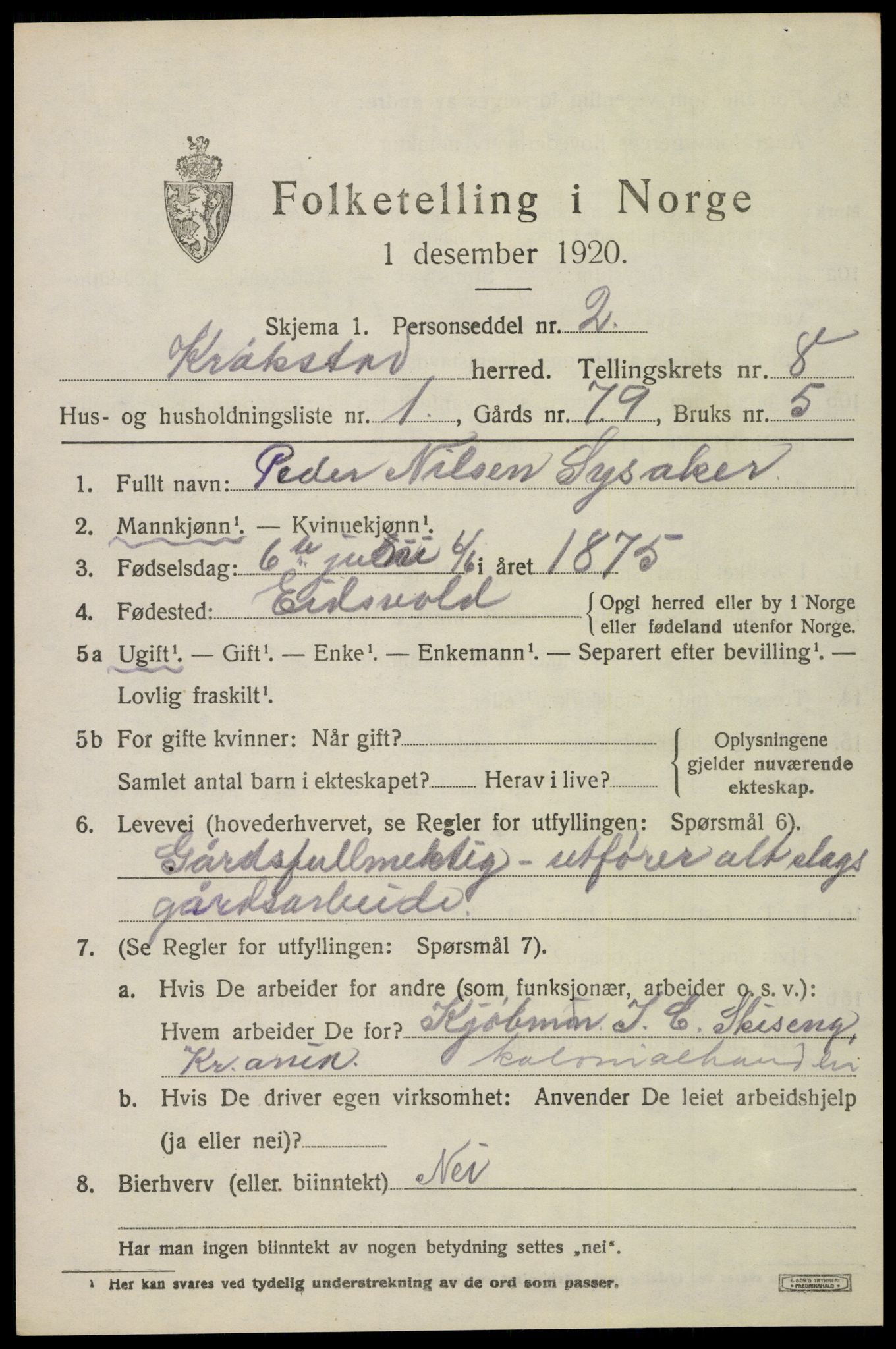 SAO, 1920 census for Kråkstad, 1920, p. 8293