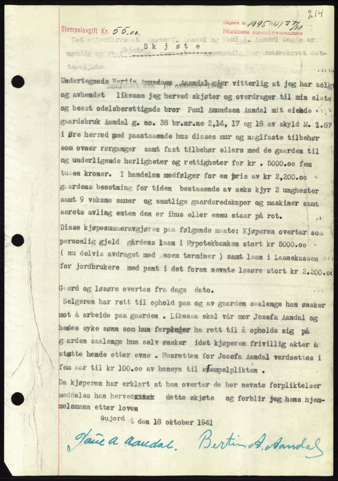 Nordmøre sorenskriveri, AV/SAT-A-4132/1/2/2Ca: Mortgage book no. A91, 1941-1942, Diary no: : 1995/1941