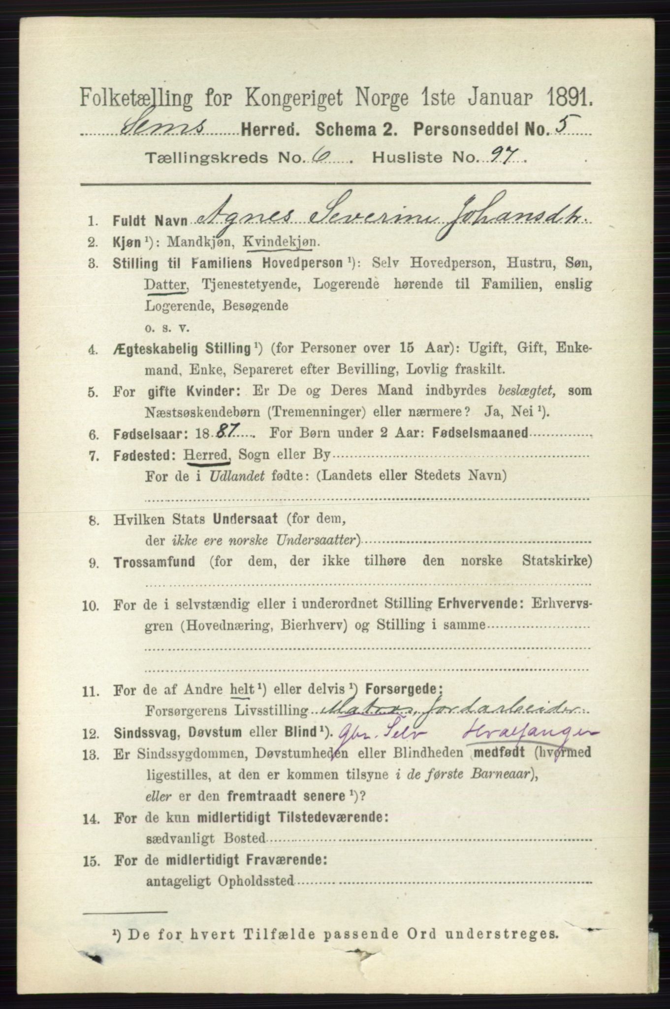 RA, 1891 census for 0721 Sem, 1891, p. 3165