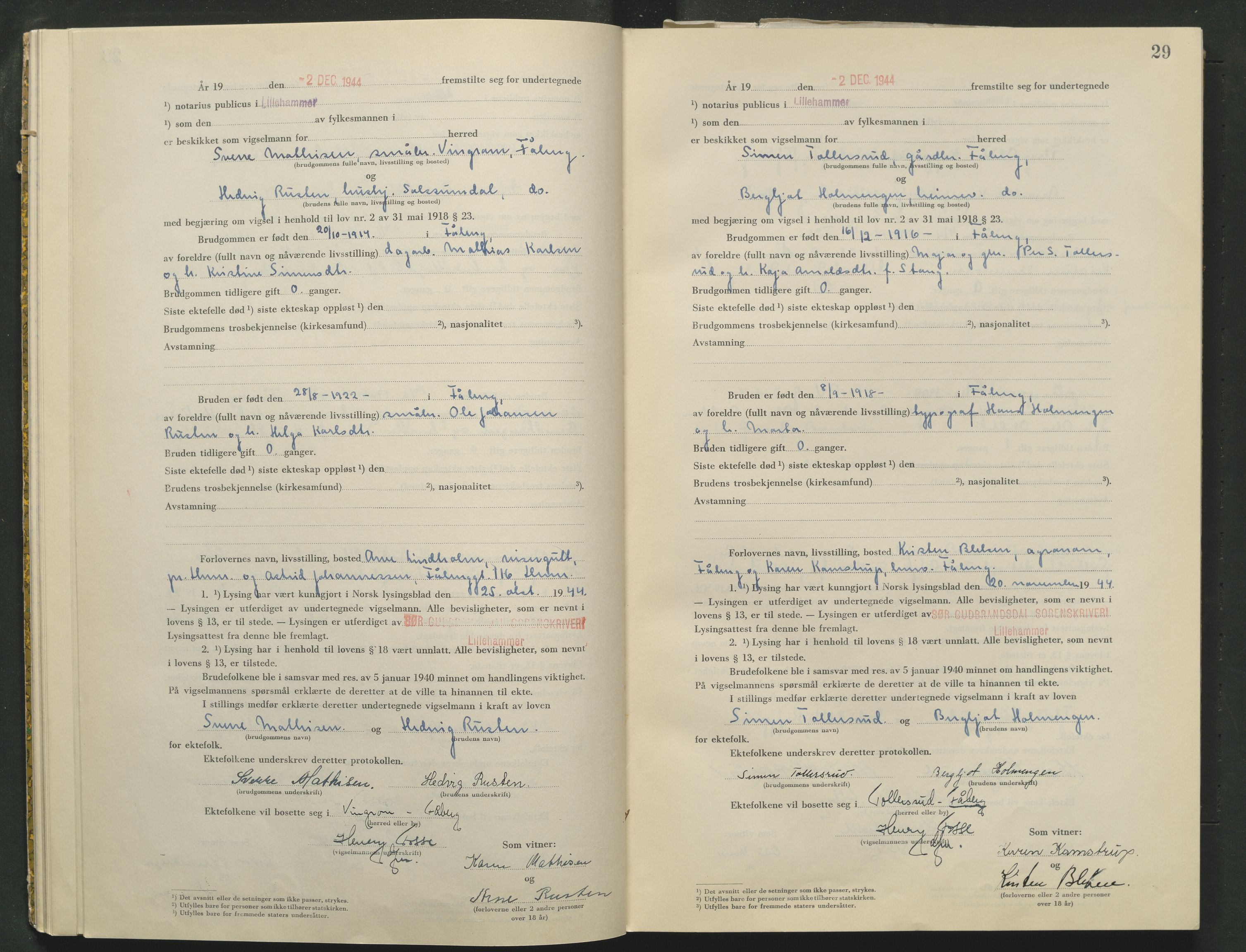 Sør-Gudbrandsdal tingrett, AV/SAH-TING-004/L/Lc/L0005: Vigselsprotokoll, 1944-1946, p. 29