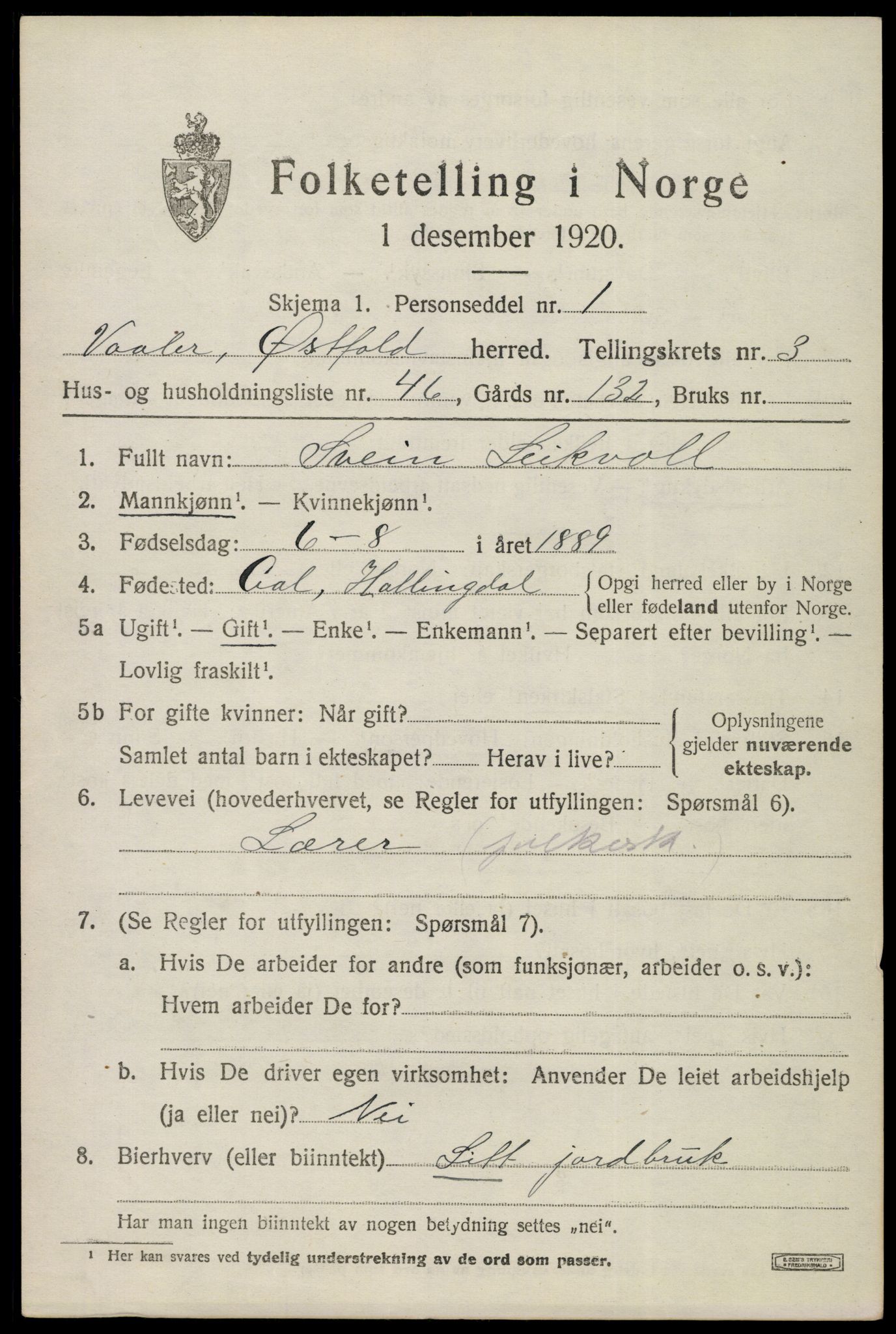 SAO, 1920 census for Våler, 1920, p. 2516